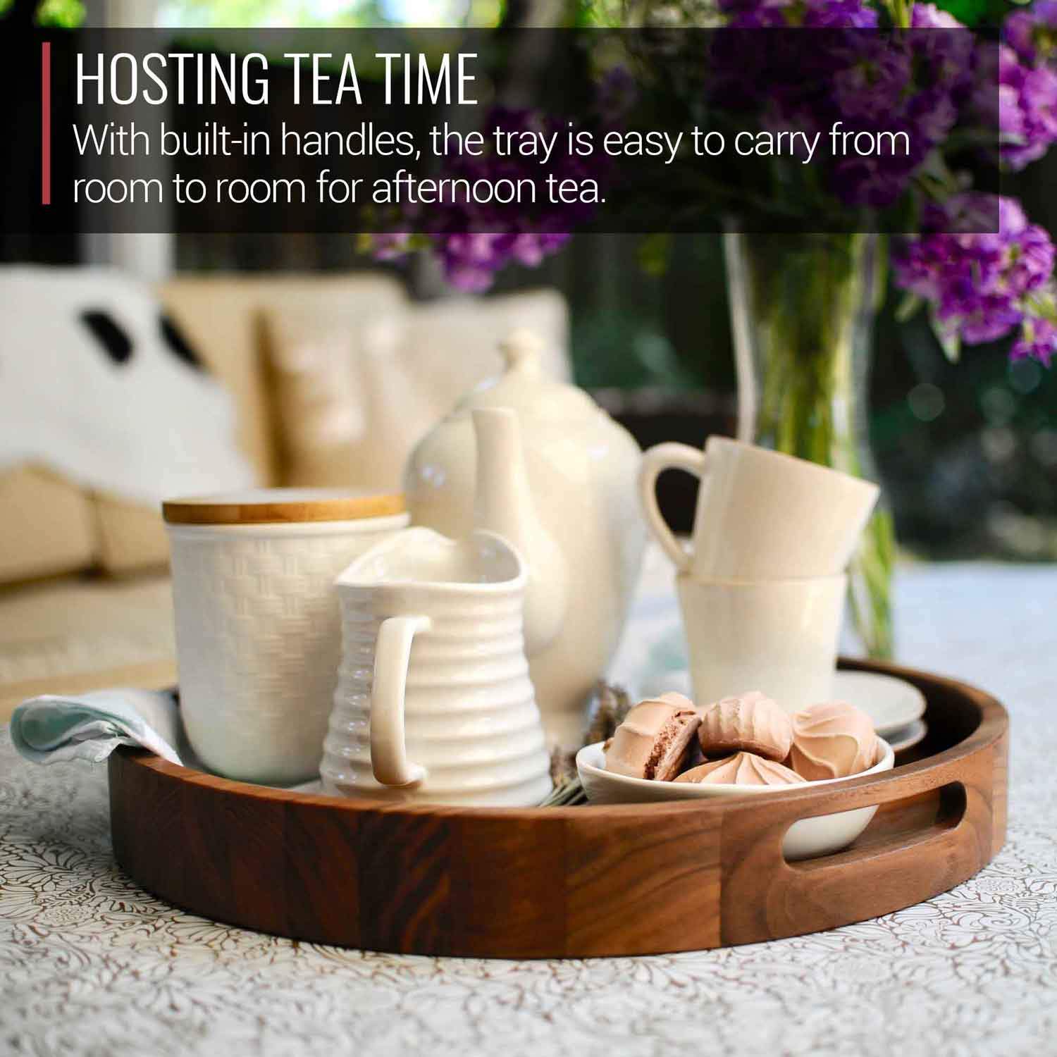 16.5 Inch Round Walnut Wood Serving and Coffee Table Tray with Handles - Image 6