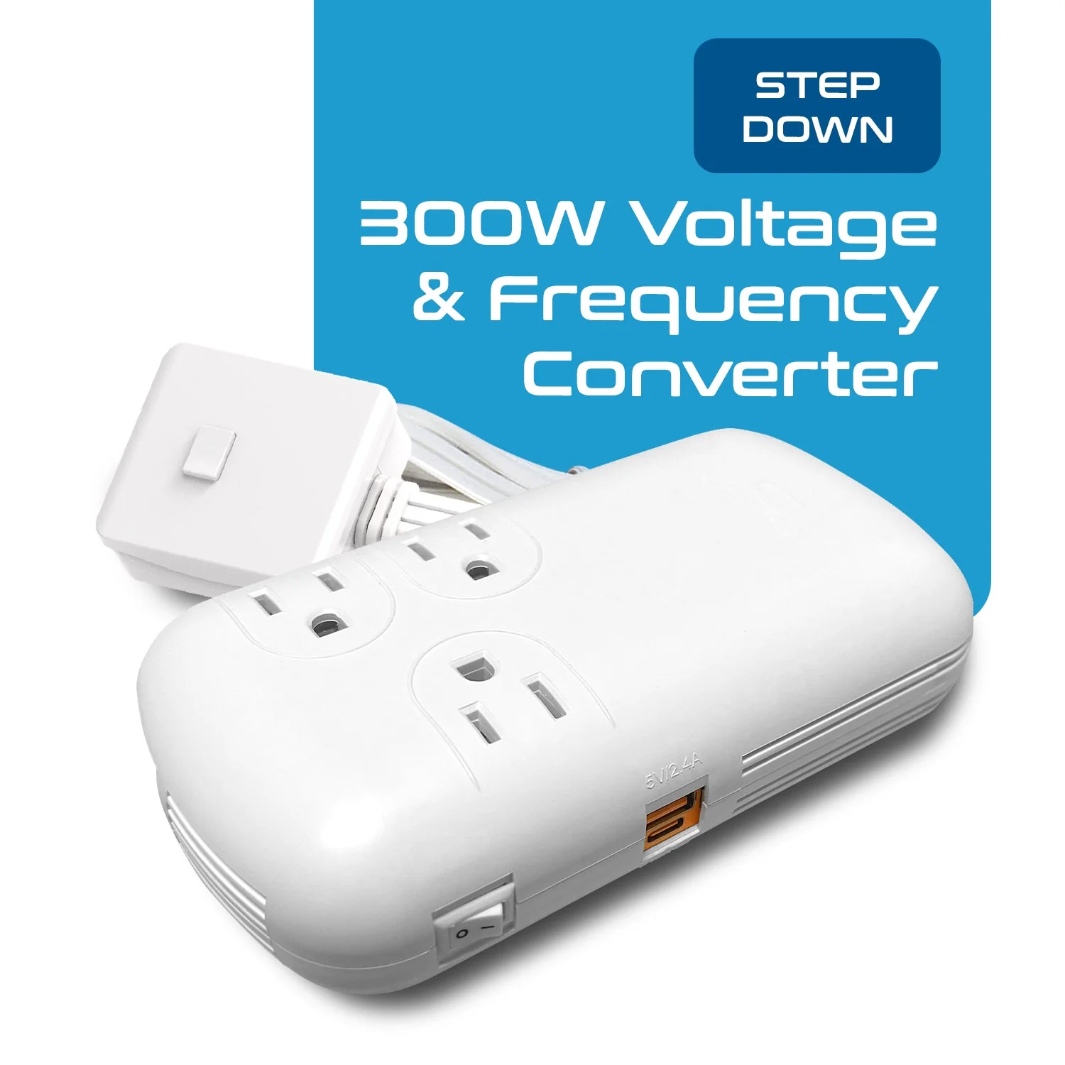 300W Step Down Converter – 3x USA Outlets & 1 USB-A + 1 USB-C PD 18W – AC 220-240V 50Hz to 110-120V 60Hz Travel Voltage & Frequency Converter - (PU-300-WS) - Image 4