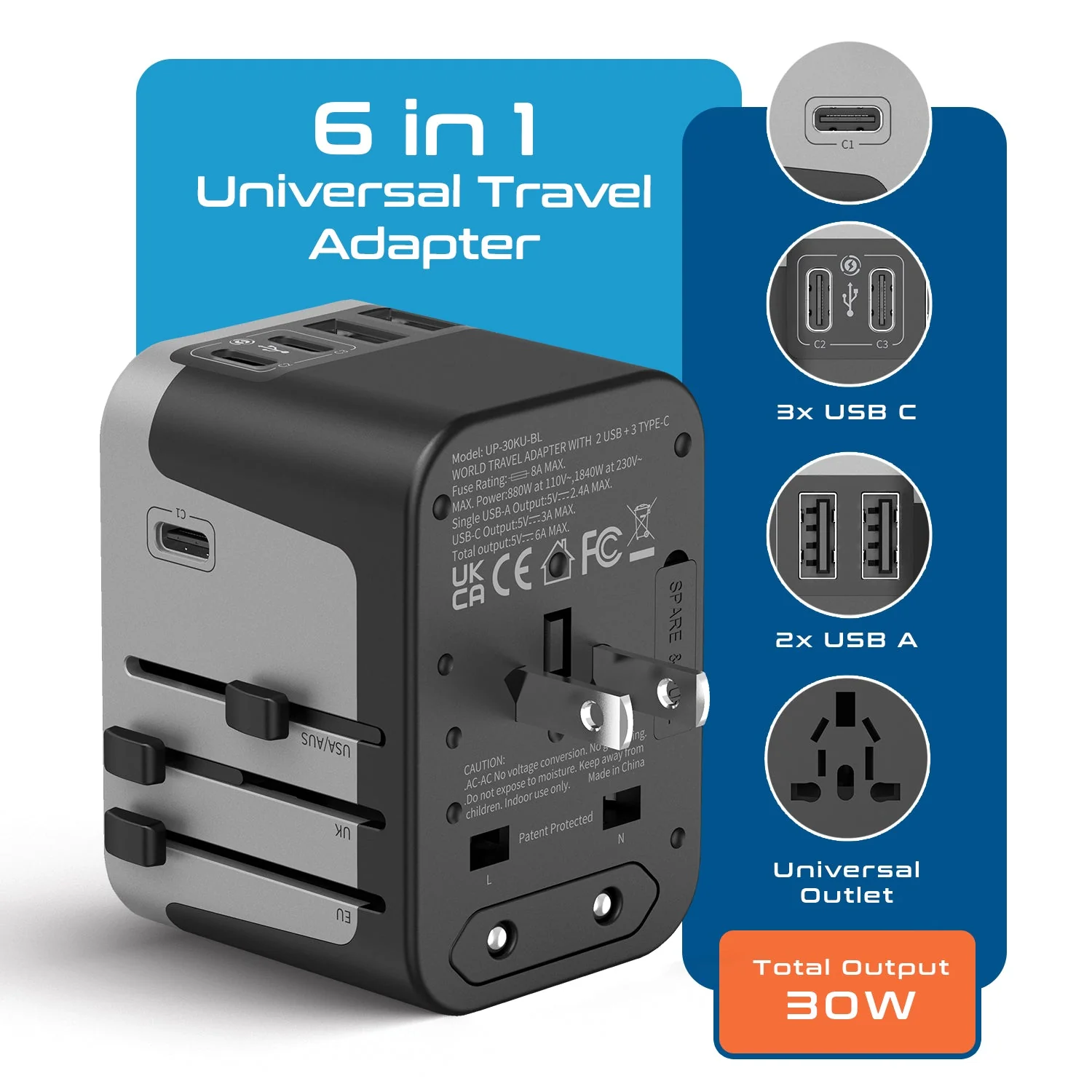 30W 6 in 1 Universal Travel Adapter - 2 USB-A + 3 USB-C - Max. 30W (6A) (UP-30KU-BL) - Image 2