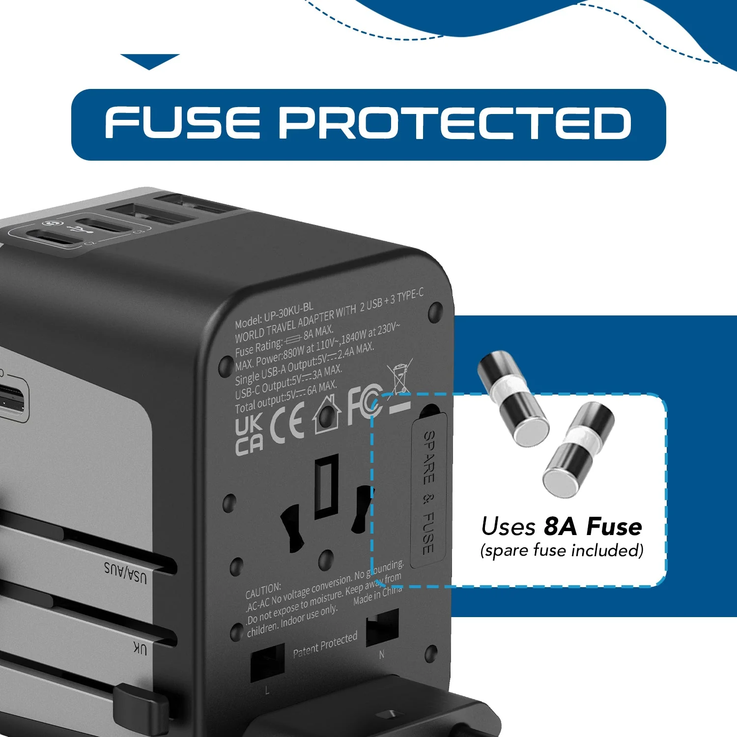 30W 6 in 1 Universal Travel Adapter - 2 USB-A + 3 USB-C - Max. 30W (6A) (UP-30KU-BL) - Image 8
