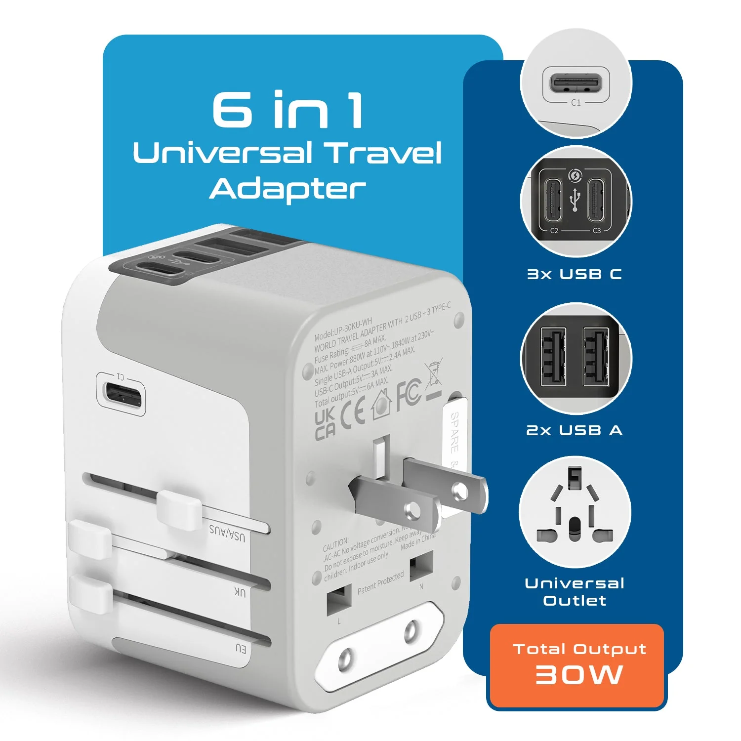 30W 6 in 1 Universal Travel Adapter - 2 USB-A + 3 USB-C - Max. 30W (6A) - White (UP-30KU-WH) - Image 2
