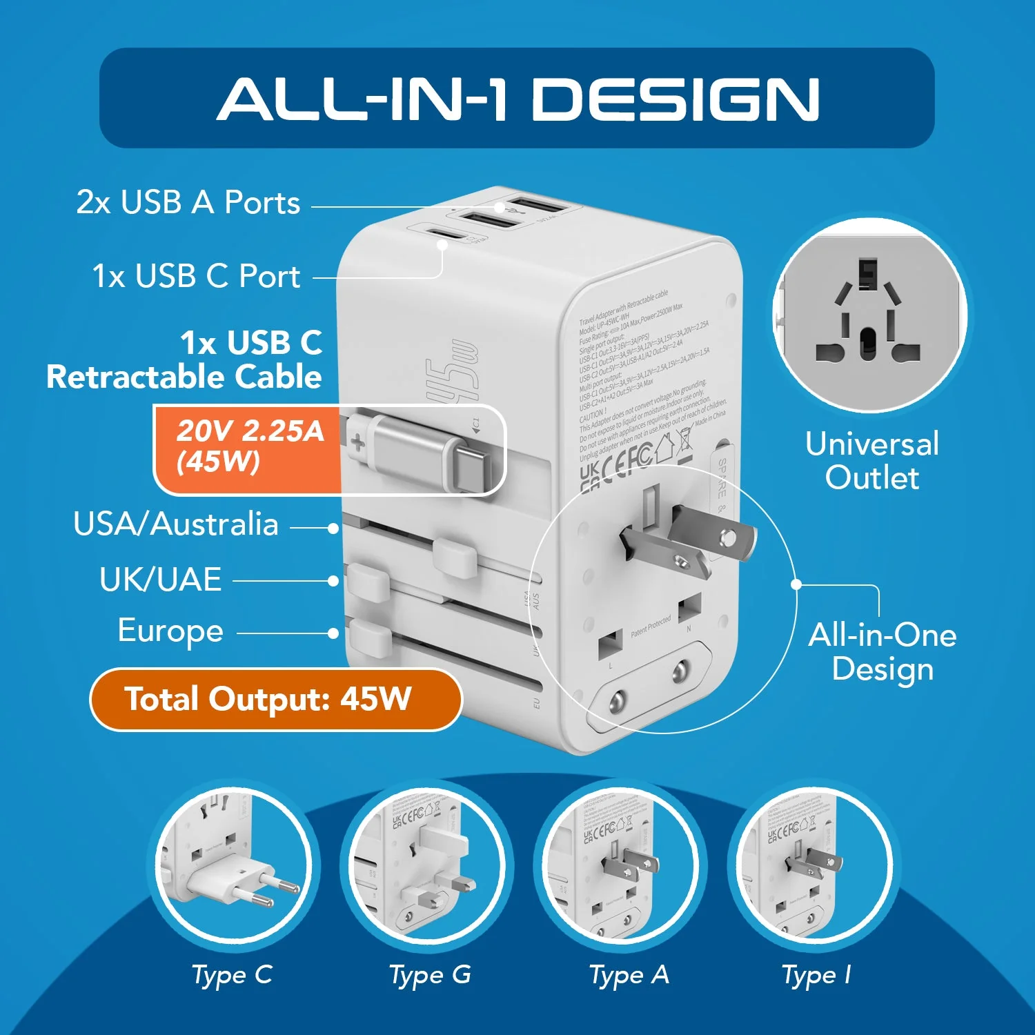 45W 5 in 1 Universal Travel Adapter - 2 USB-A + 1 retractable USB-C cable (PD 45W), & 1 USB-C - Max. 45W (9A) - White (UP-45WC-WH) - Image 3