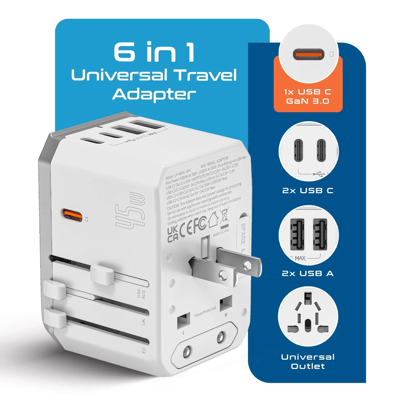 45W 6 in 1 Universal Travel Adapter - 2 USB-A + 3 USB-C - Max. 45W (9A) - White (UP-45KU-WH) - Image 3