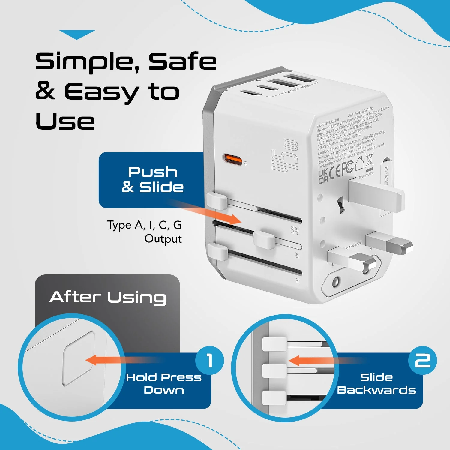45W 6 in 1 Universal Travel Adapter - 2 USB-A + 3 USB-C - Max. 45W (9A) - White (UP-45KU-WH) - Image 8