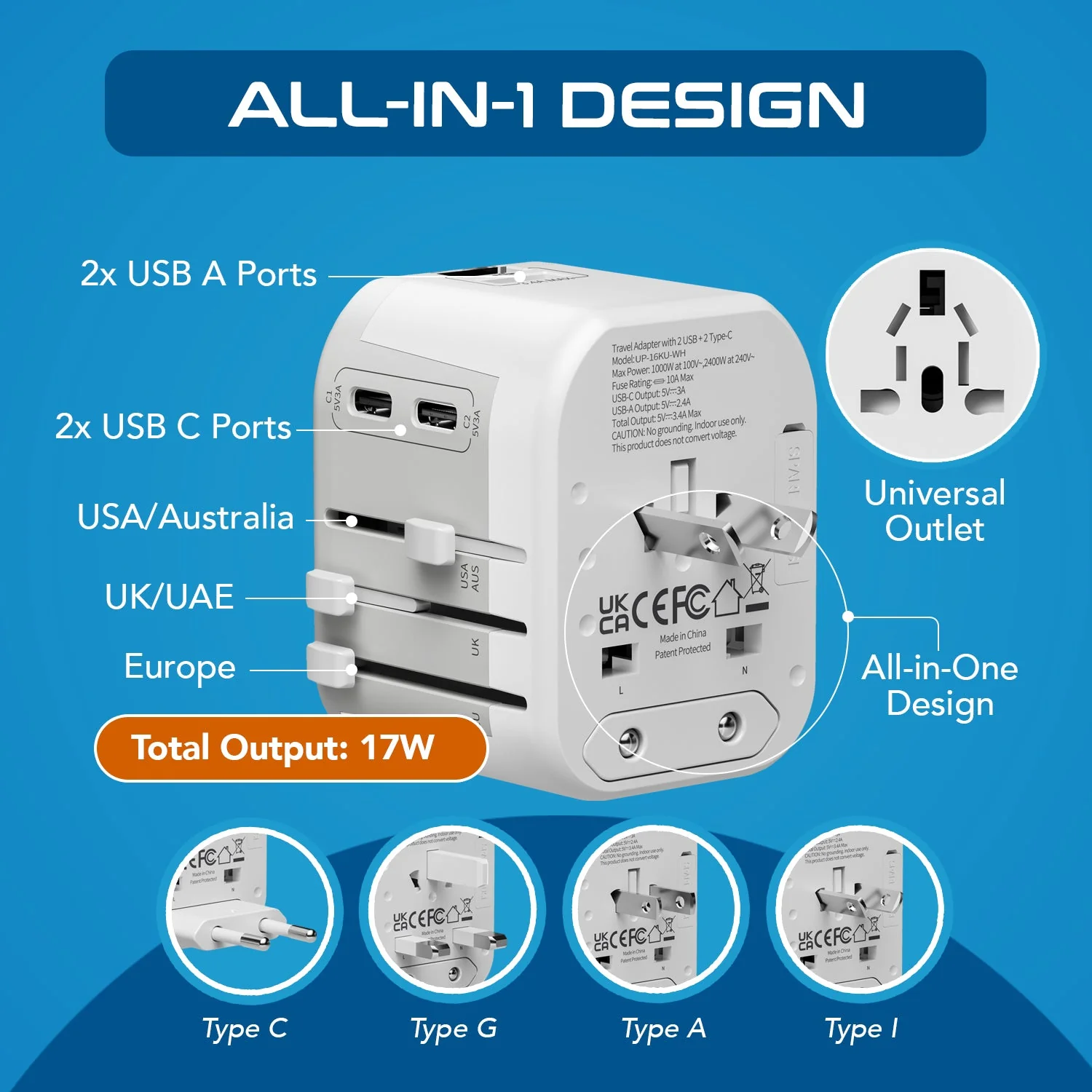 5 in 1 Universal Travel Adapter - 2 USB-A + USB-C - Max. 17W (3.4A) - White (UP-16KU-WH) - Image 3