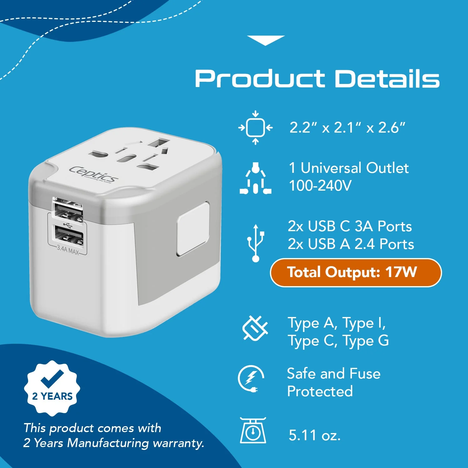 5 in 1 Universal Travel Adapter - 2 USB-A + USB-C - Max. 17W (3.4A) - White (UP-16KU-WH) - Image 4