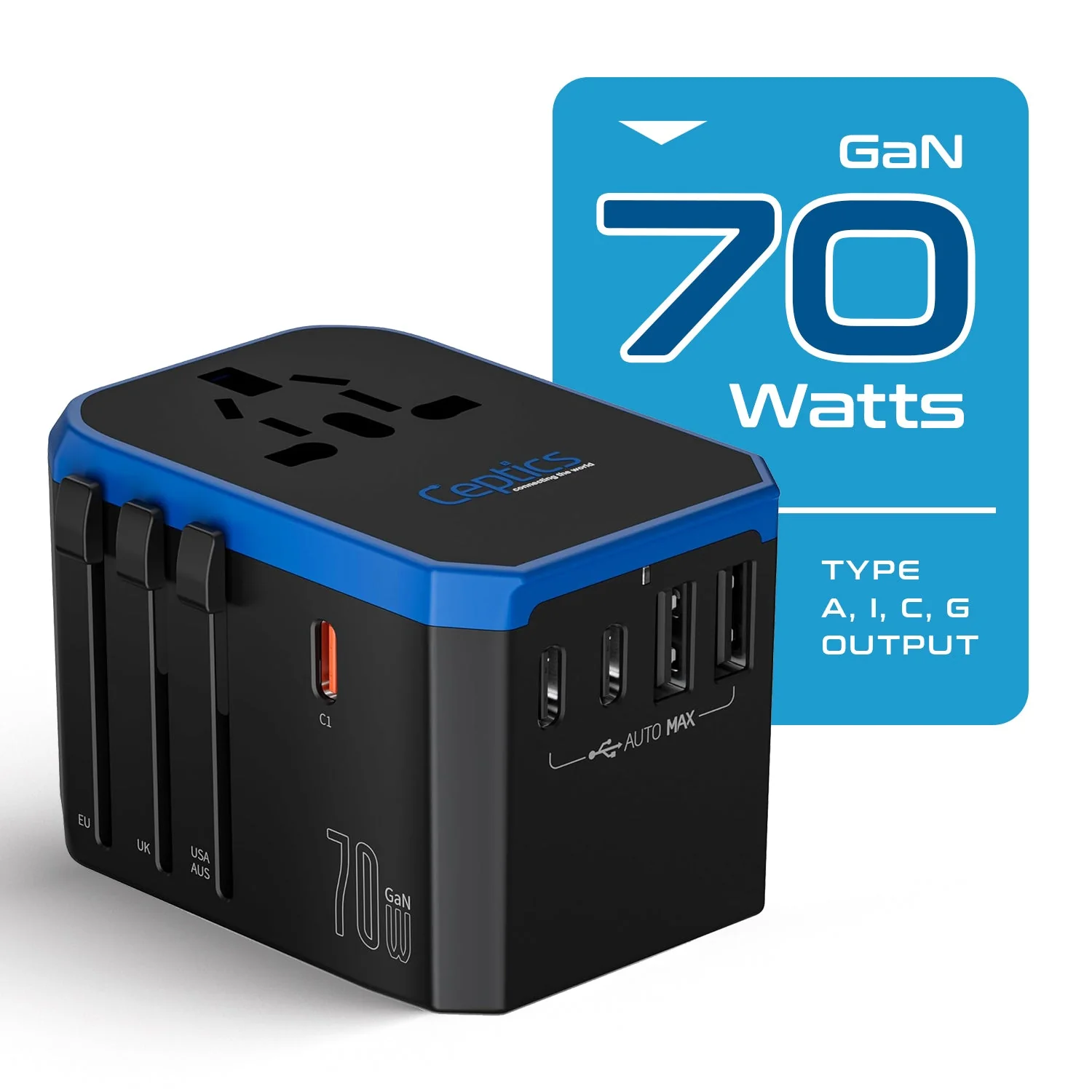 70W International Travel Plug Adapter - 2 USB-C + 1 GaN 3.0 (USB-C) & 2 USB ports (UP-70KU) - Image 2