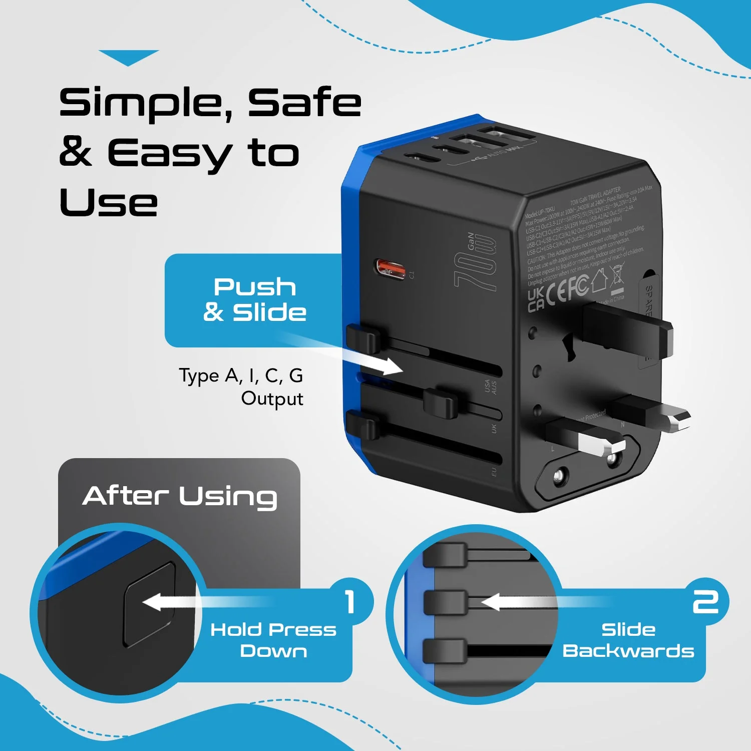 70W International Travel Plug Adapter - 2 USB-C + 1 GaN 3.0 (USB-C) & 2 USB ports (UP-70KU) - Image 8