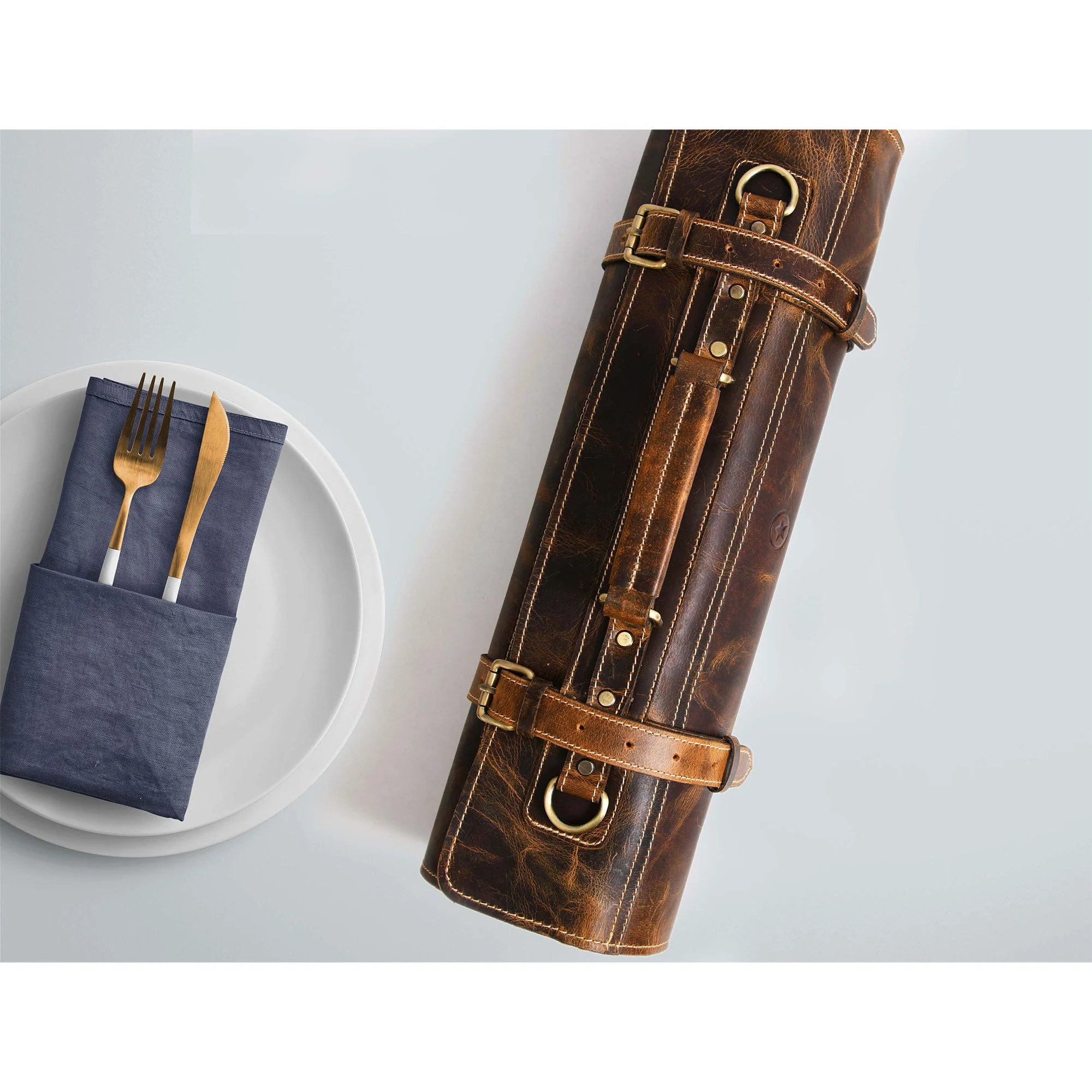 Aaron Leather Goods Tuscania Knife Roll Storage Bag Case, Caramel Brown Leather - Image 11