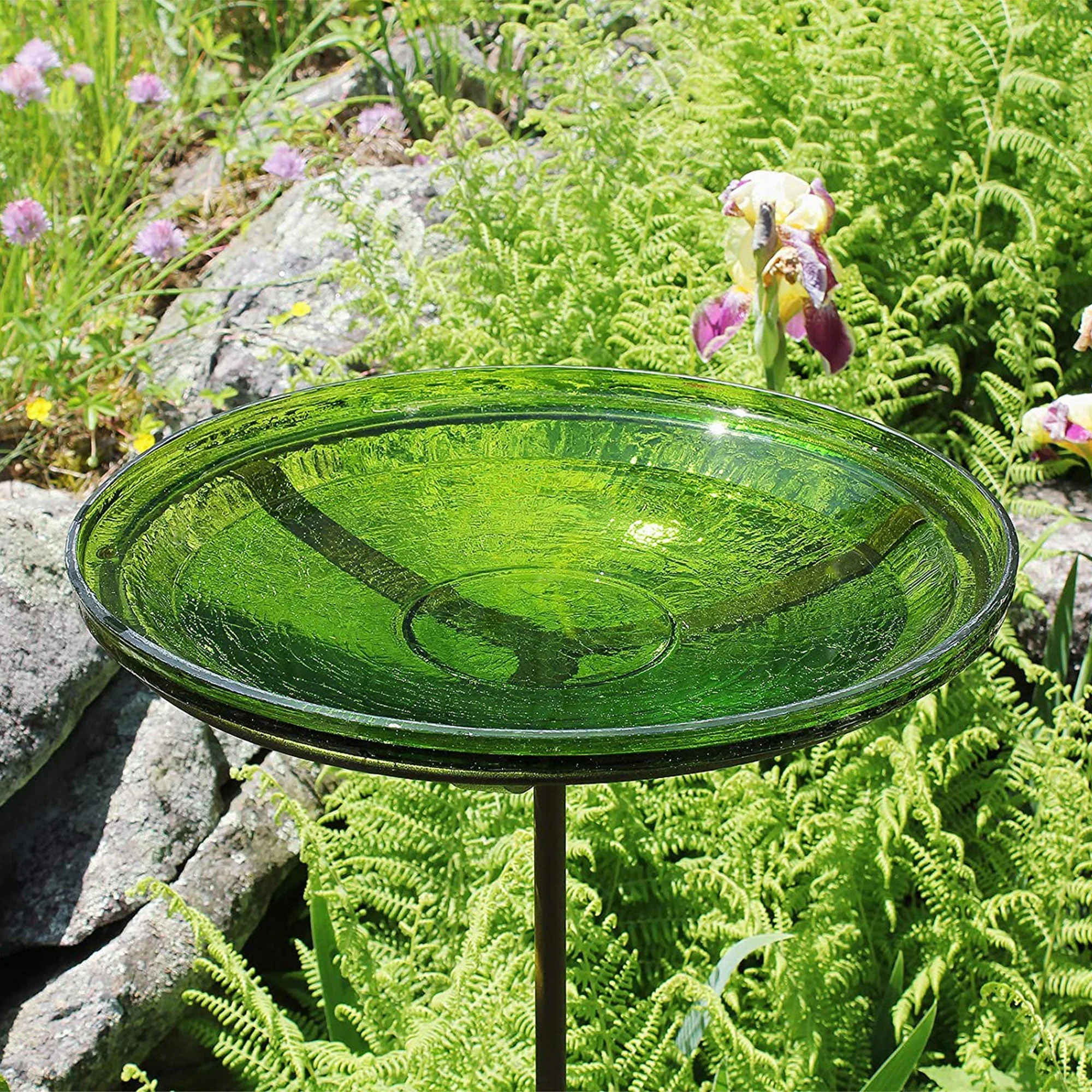 Achla Designs 14 Inch Hand Blown Crackle Glass Birdbath with Stake, Fern Green - Image 5
