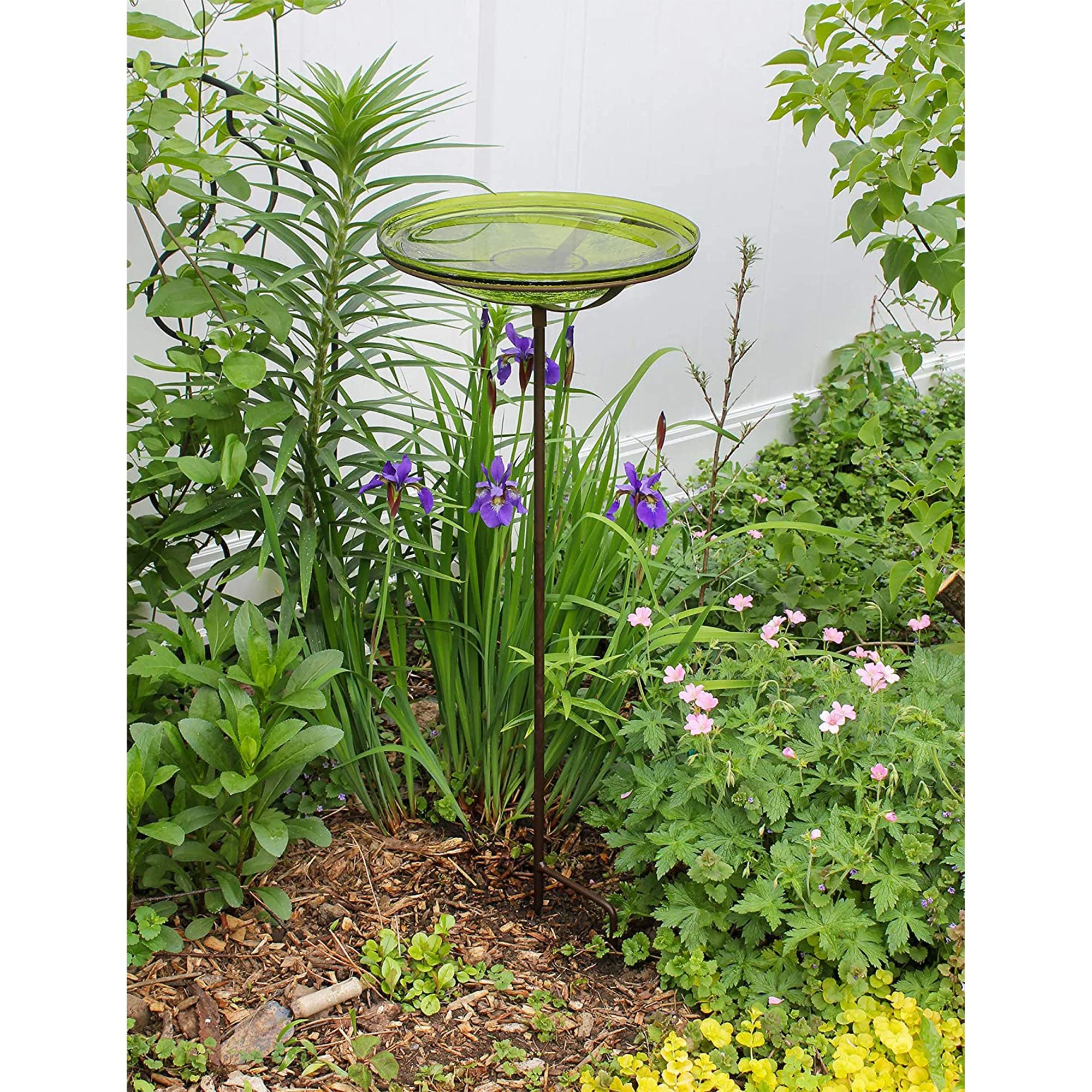 Achla Designs 14 Inch Hand Blown Crackle Glass Birdbath with Stake, Fern Green - Image 9