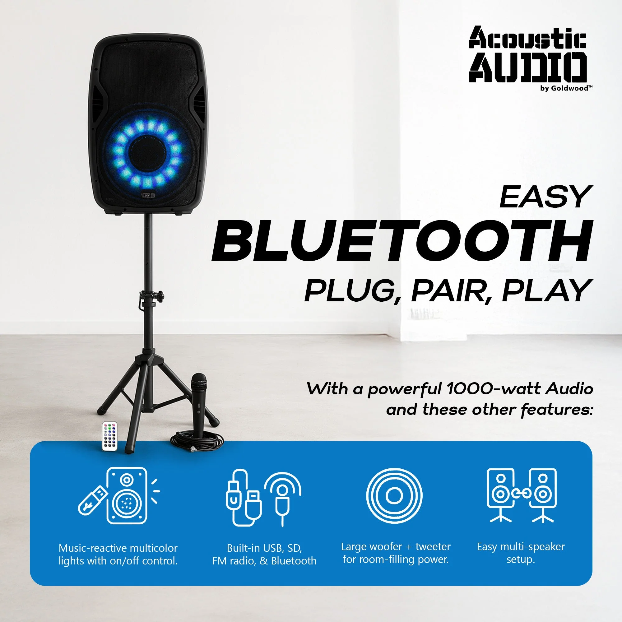 Acoustic Audio by Goldwood 1000W Bluetooth Speaker, PA System w/Flashing LEDs - Image 4