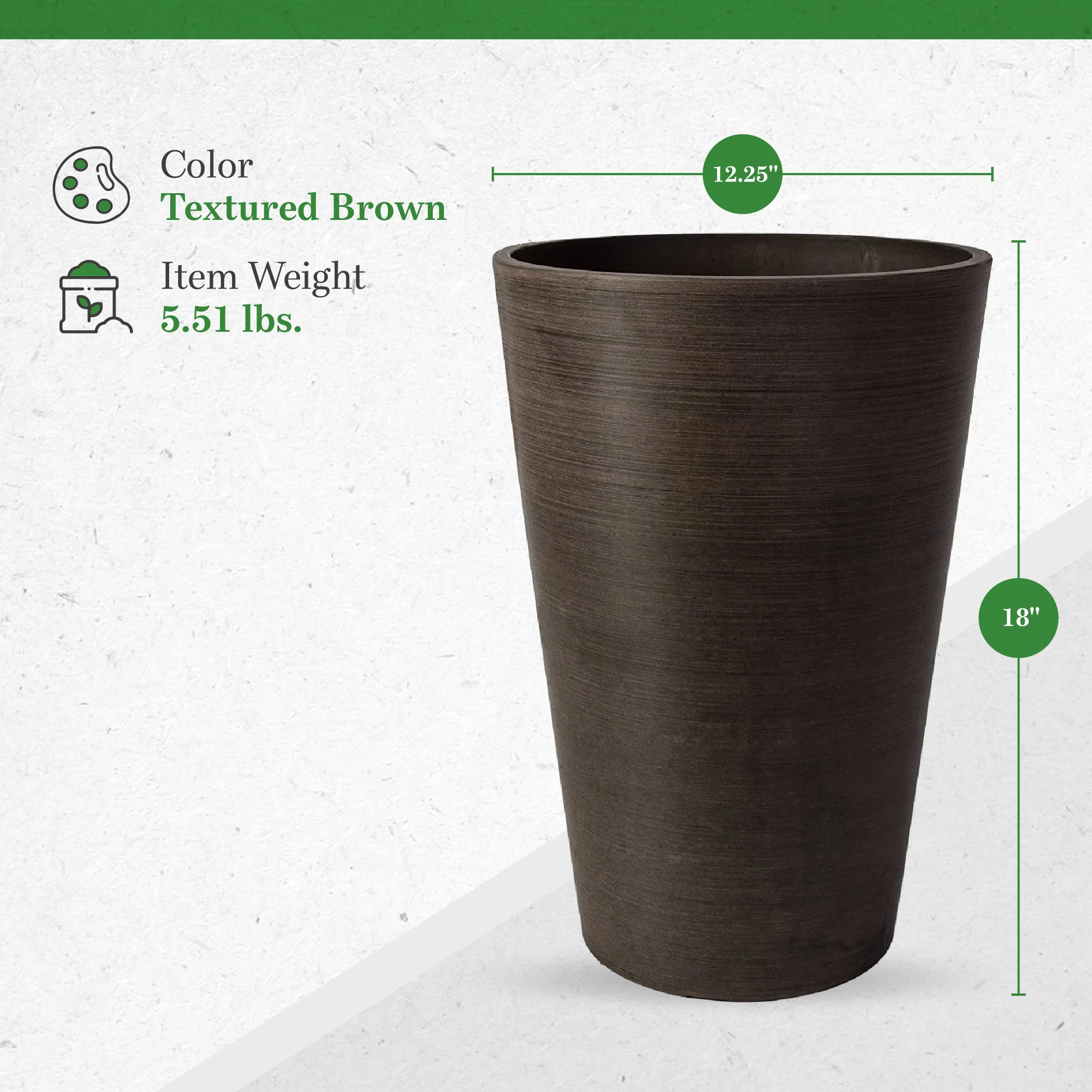 Algreen 16130 Valencia 12 x 18 Inch Round Taper Recycled Planter Pot, Chocolate - Image 3