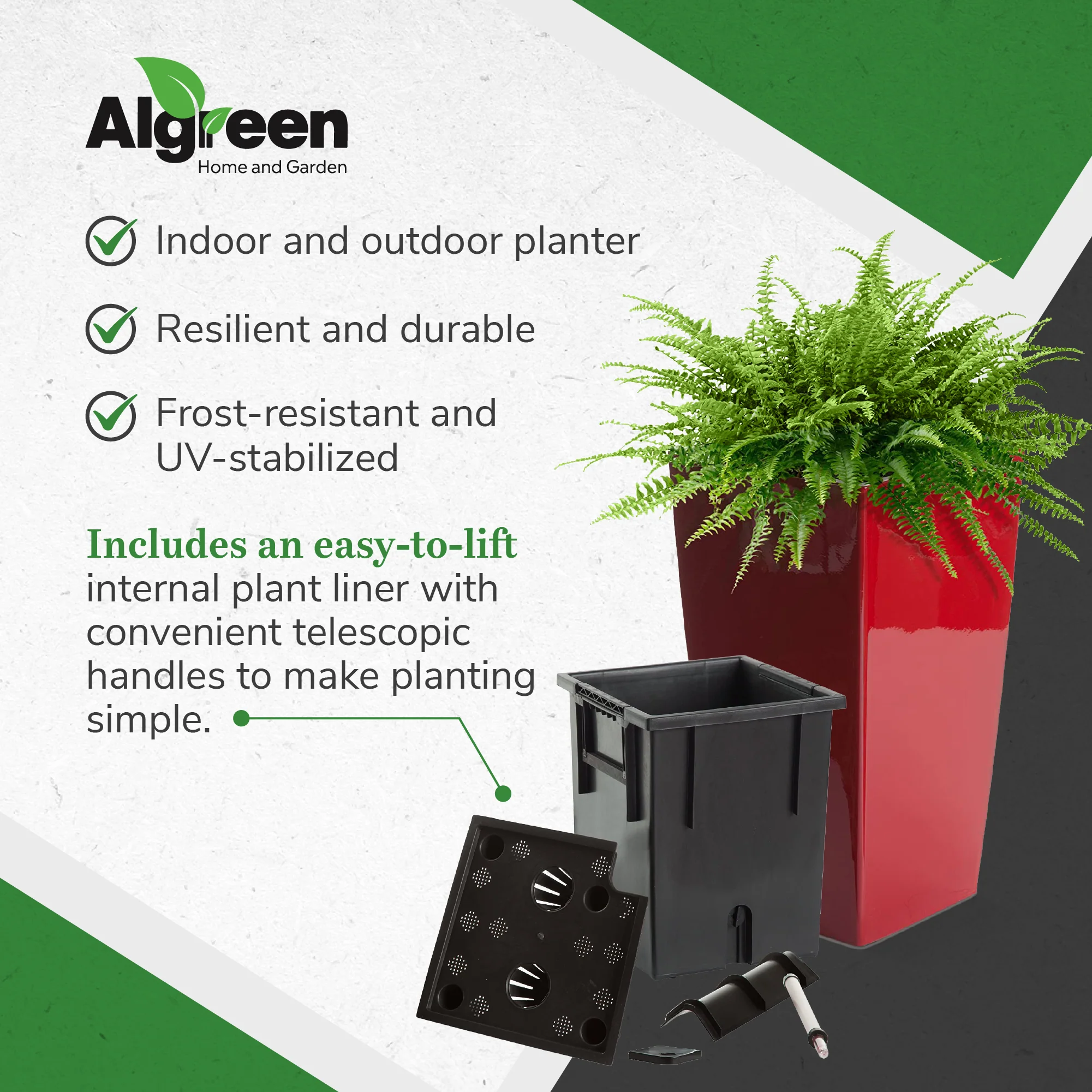 Algreen Modena 22" Inside/Outside Self-Watering Square Planter Pot w/Wheels, Red - Image 5