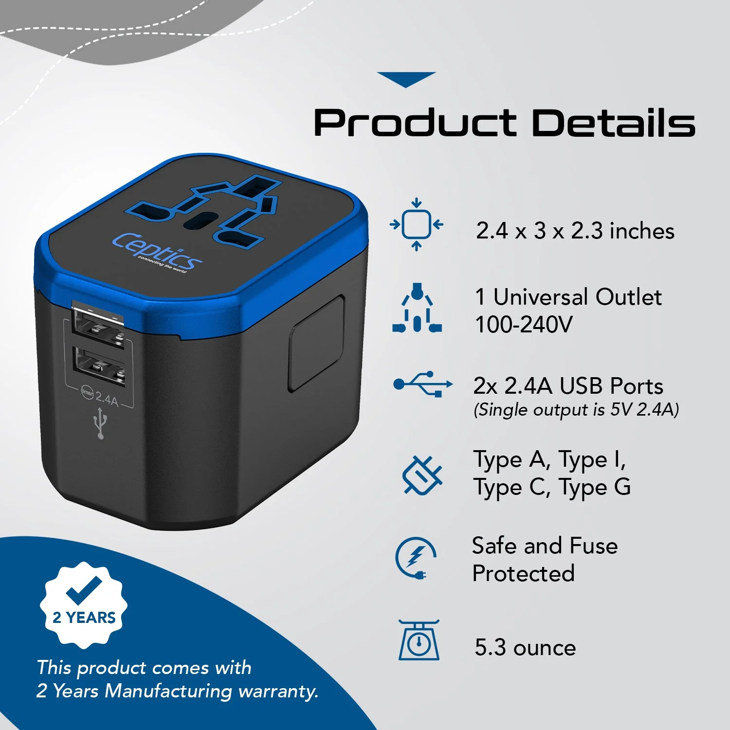 All-In-One International Travel Plug Adapter - 2 USB Ports (UP-8KU) - Image 10