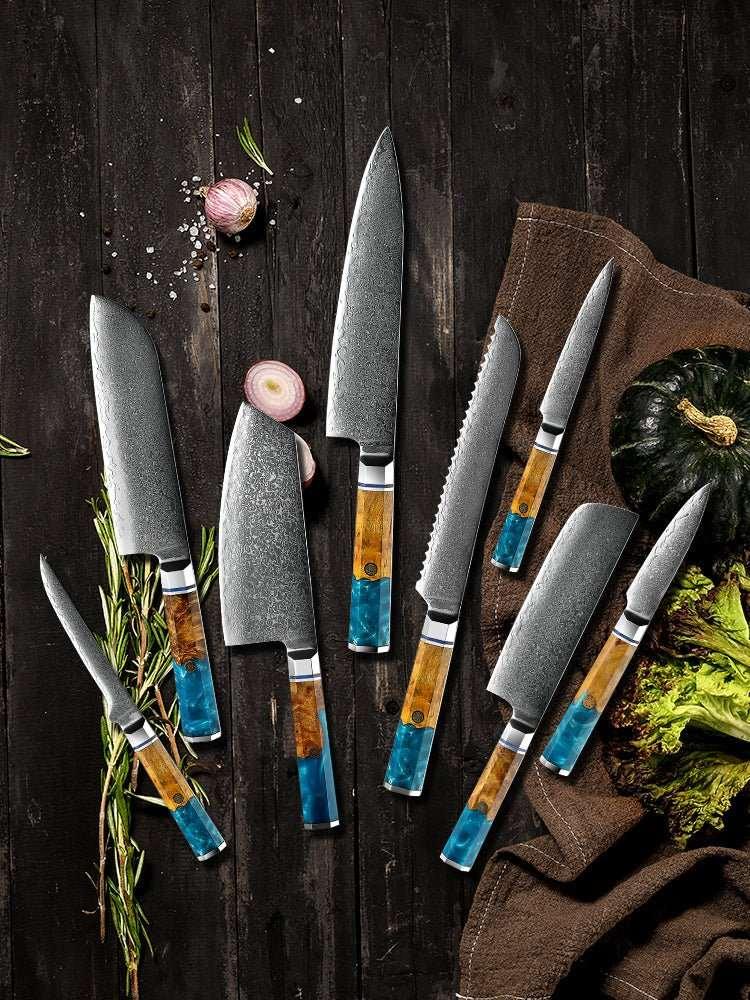 Allure VG10 Damascus 8-Pc Knife Set with Olive Burl & Resin Handles - Image 2
