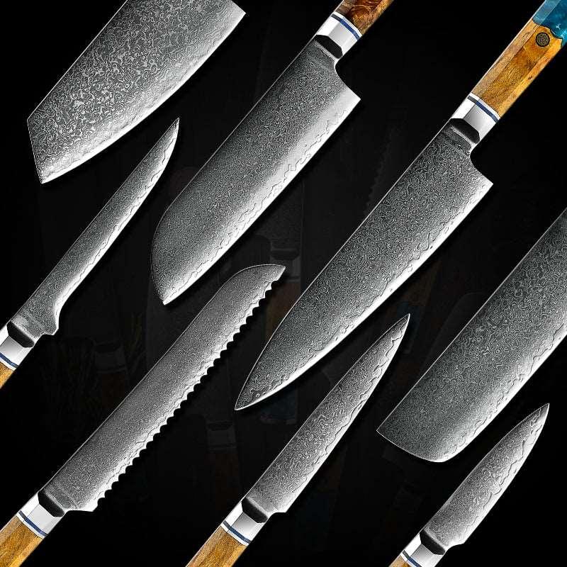 Allure VG10 Damascus 8-Pc Knife Set with Olive Burl & Resin Handles - Image 4