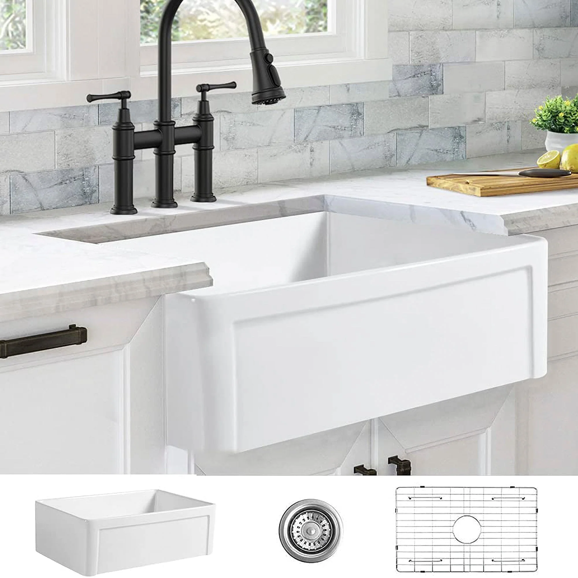 ALWEN 30 Inch Single Bowl Reversible Fireclay Farmhouse Sink, Undermount, White - Image 2
