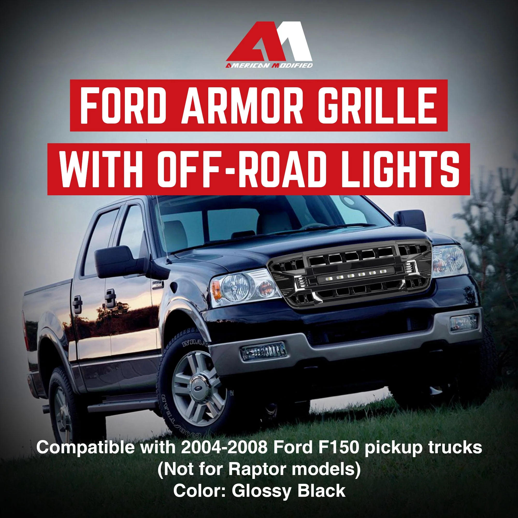 AMERICAN MODIFIED Armor Grille Compatible with 2004-08 Ford F150, Glossy Black - Image 2