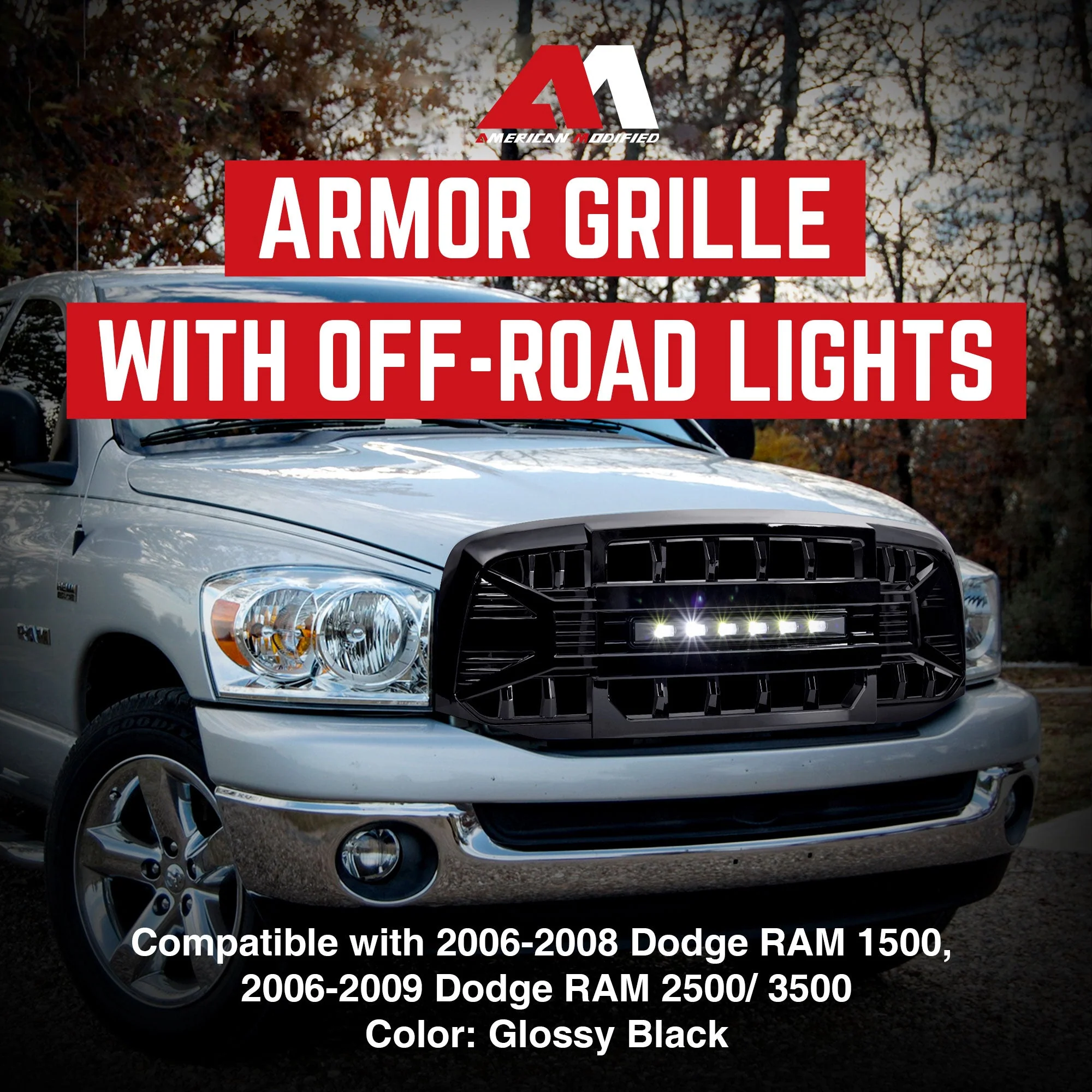 AMERICAN MODIFIED Armor Grille for 2006 to 2008 Dodge Ram 1500, Glossy Black - Image 2