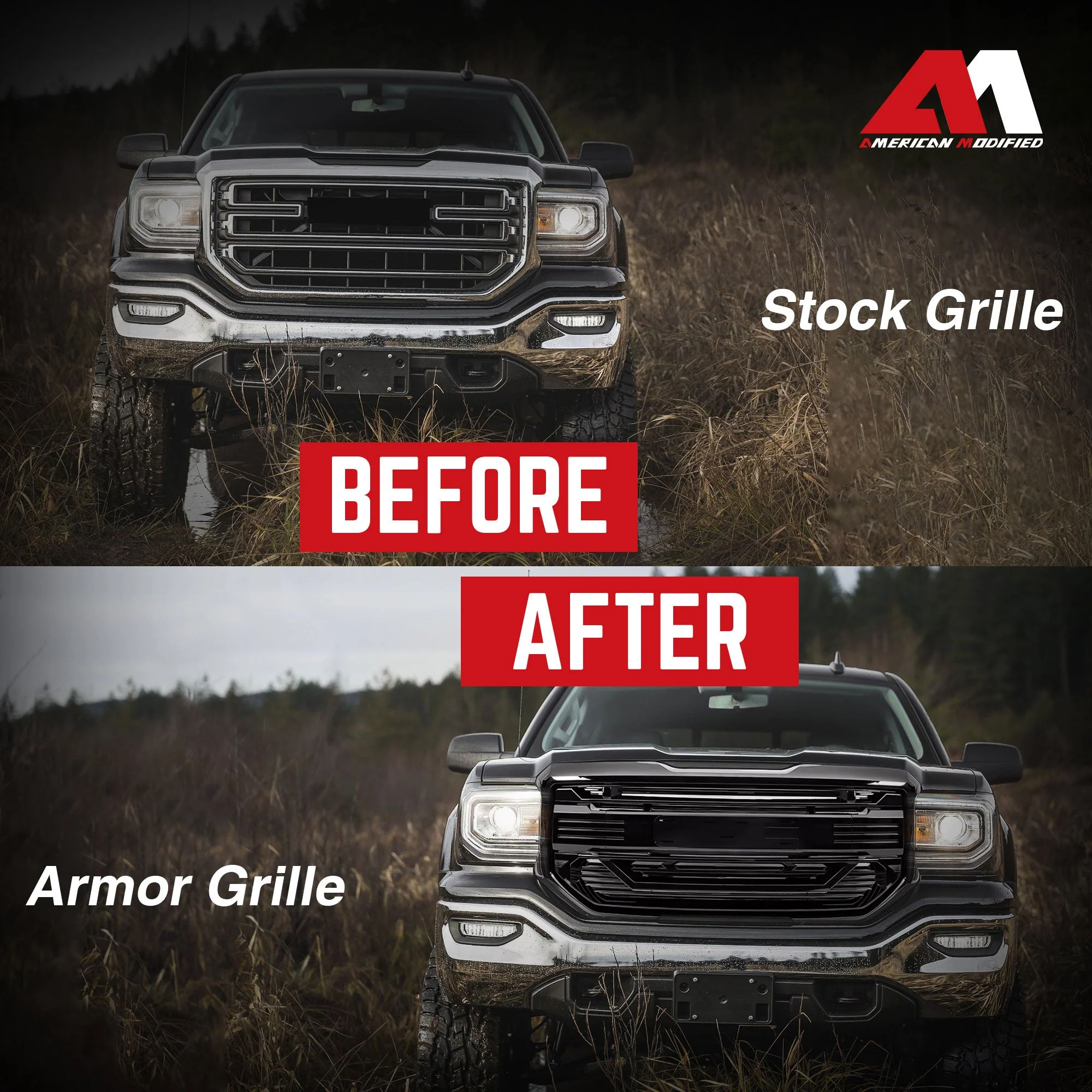 AMERICAN MODIFIED Armor Grille for 2016 to 2018 GMC Sierra 1500, Glossy Black - Image 6