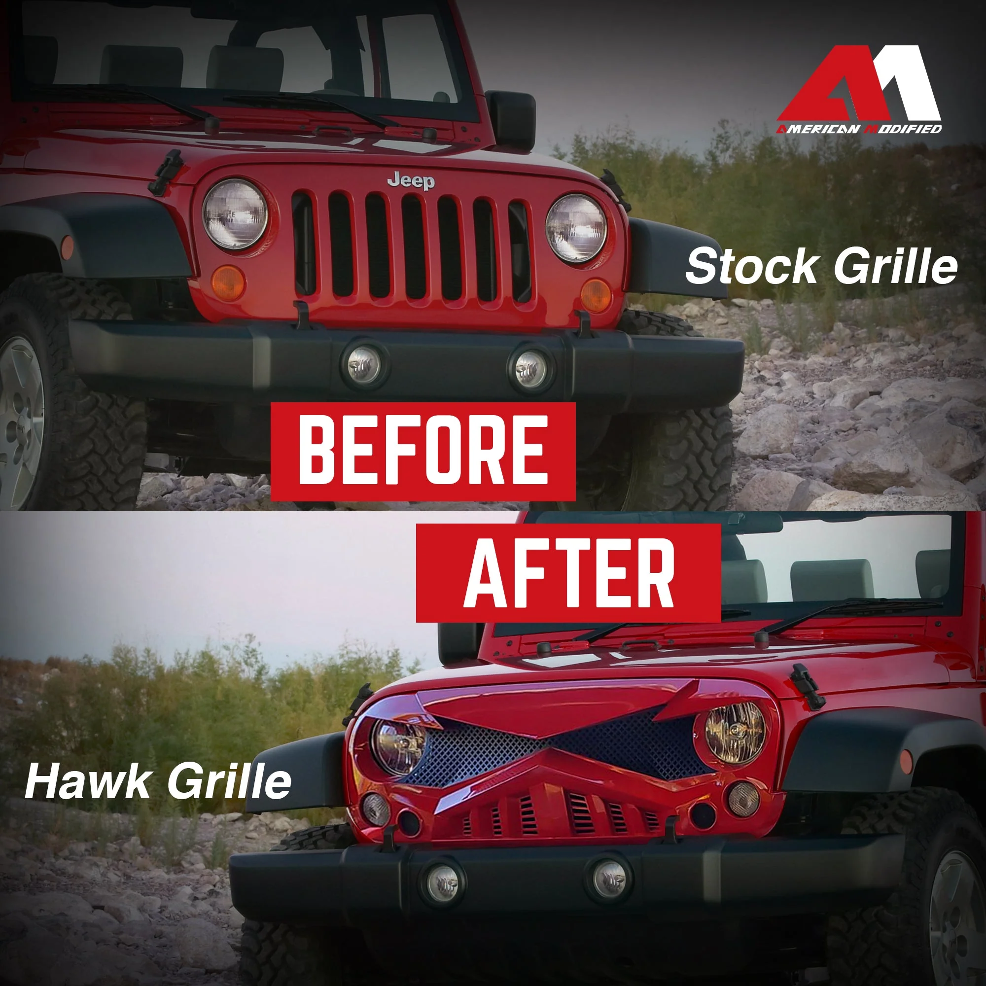 AMERICAN MODIFIED Hawke Front Replacement Grille for 07-18 Jeep Wrangler JK, Red - Image 5