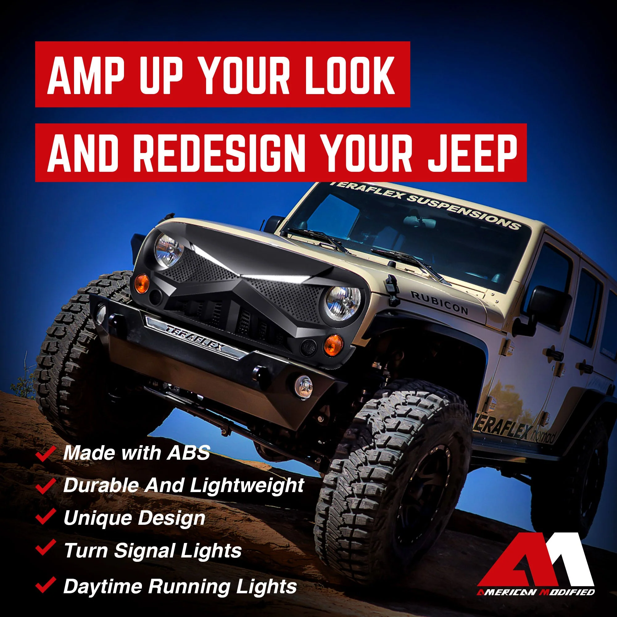 AMERICAN MODIFIED Hawke Grille Compatible with 2007-2018 Jeep Wrangler JK, Black - Image 3