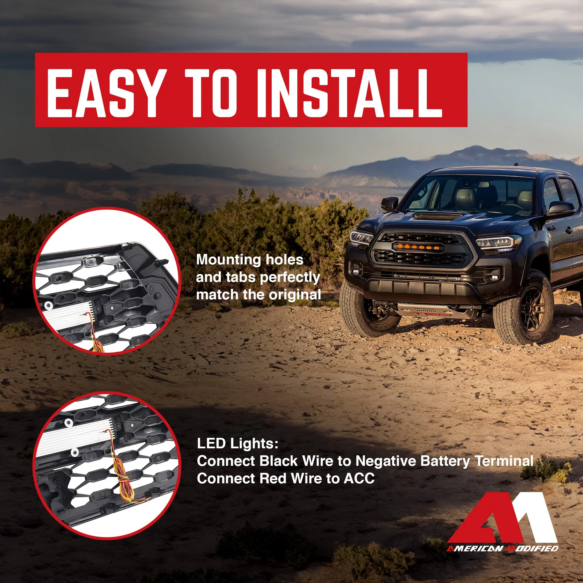 AMERICAN MODIFIED Pro Style Grille w/ Off Road Lights for 2016-23 Tacoma, Black - Image 5