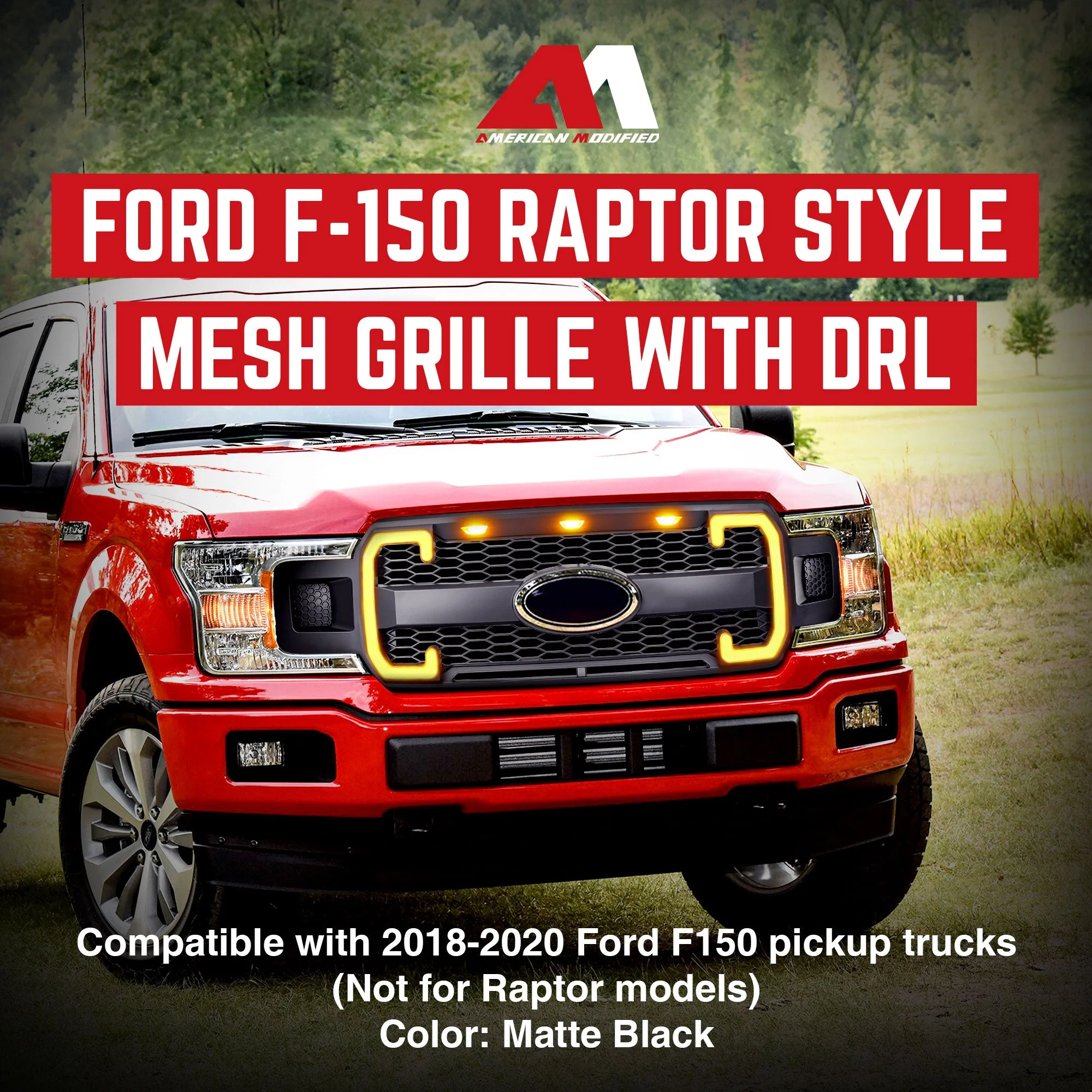 AMERICAN MODIFIED Raptor Style Mesh Grille for 2018-2020 Ford F150, Matte Black - Image 2