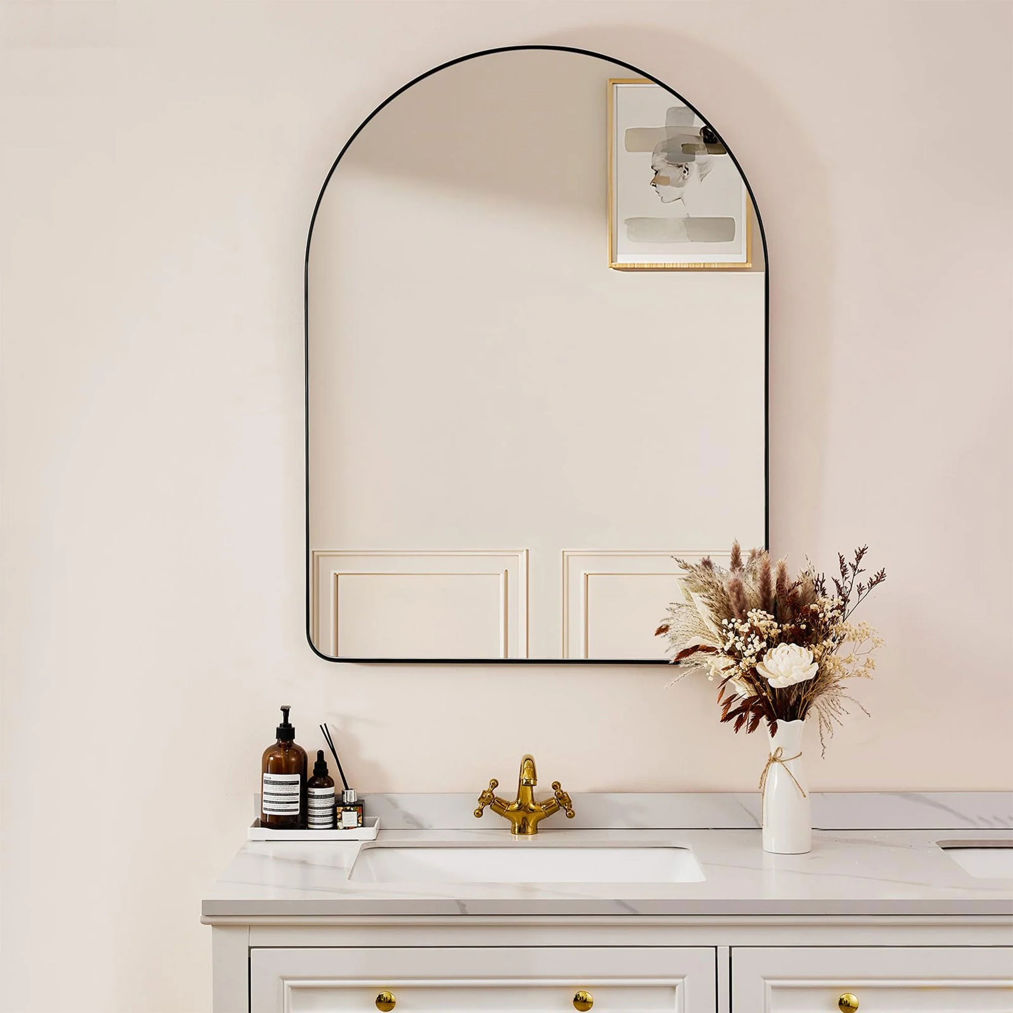 ANDY STAR 24 x 38 Inch Wall Mounted Metal Frame Arched Vanity Mirror, Black - Image 7