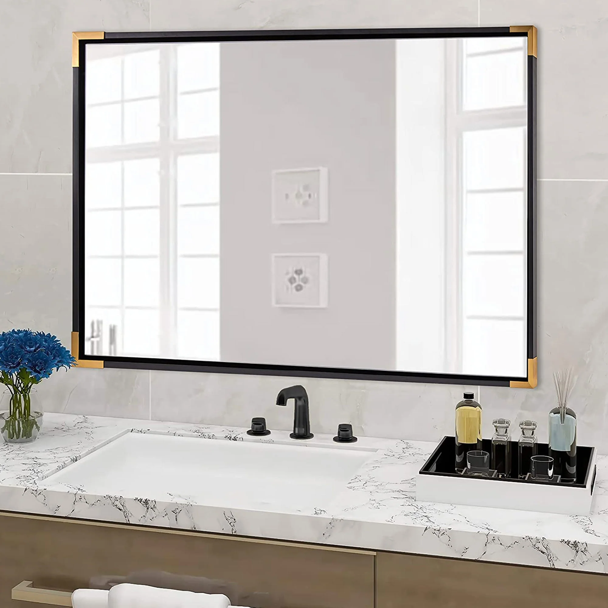 ANDY STAR 30 x 40 Inch Rectangular Wood Framed Vanity Mirror, Black and Gold - Image 7