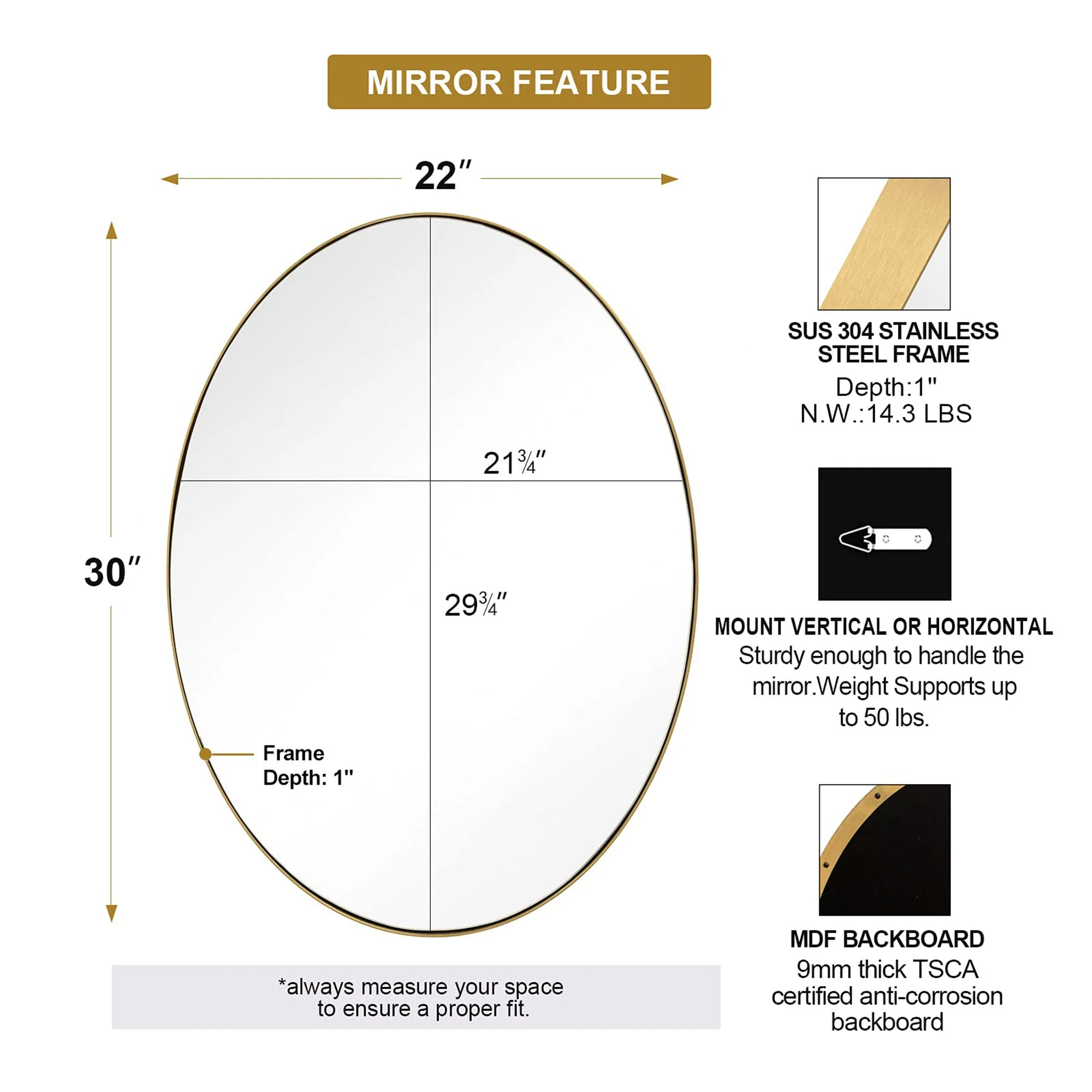 ANDY STAR Modern 22 x 30 Inch Oval Wall Hanging Bathroom Vanity Mirror, Gold - Image 2