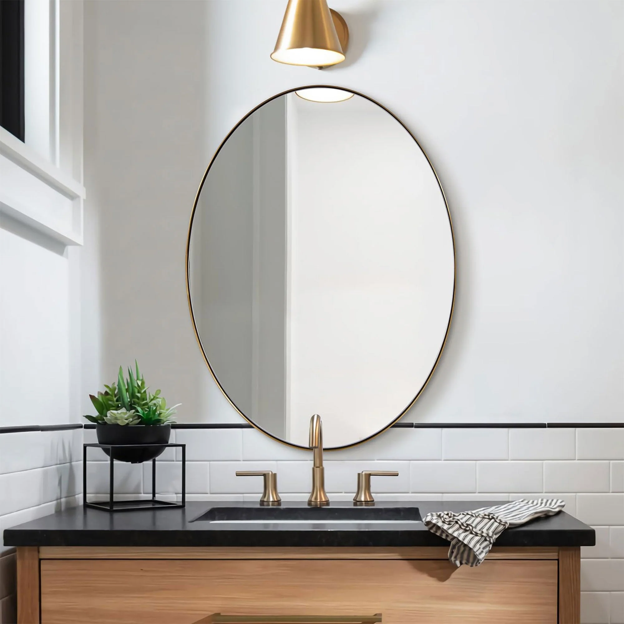 ANDY STAR Modern 22 x 30 Inch Oval Wall Hanging Bathroom Vanity Mirror, Gold - Image 7