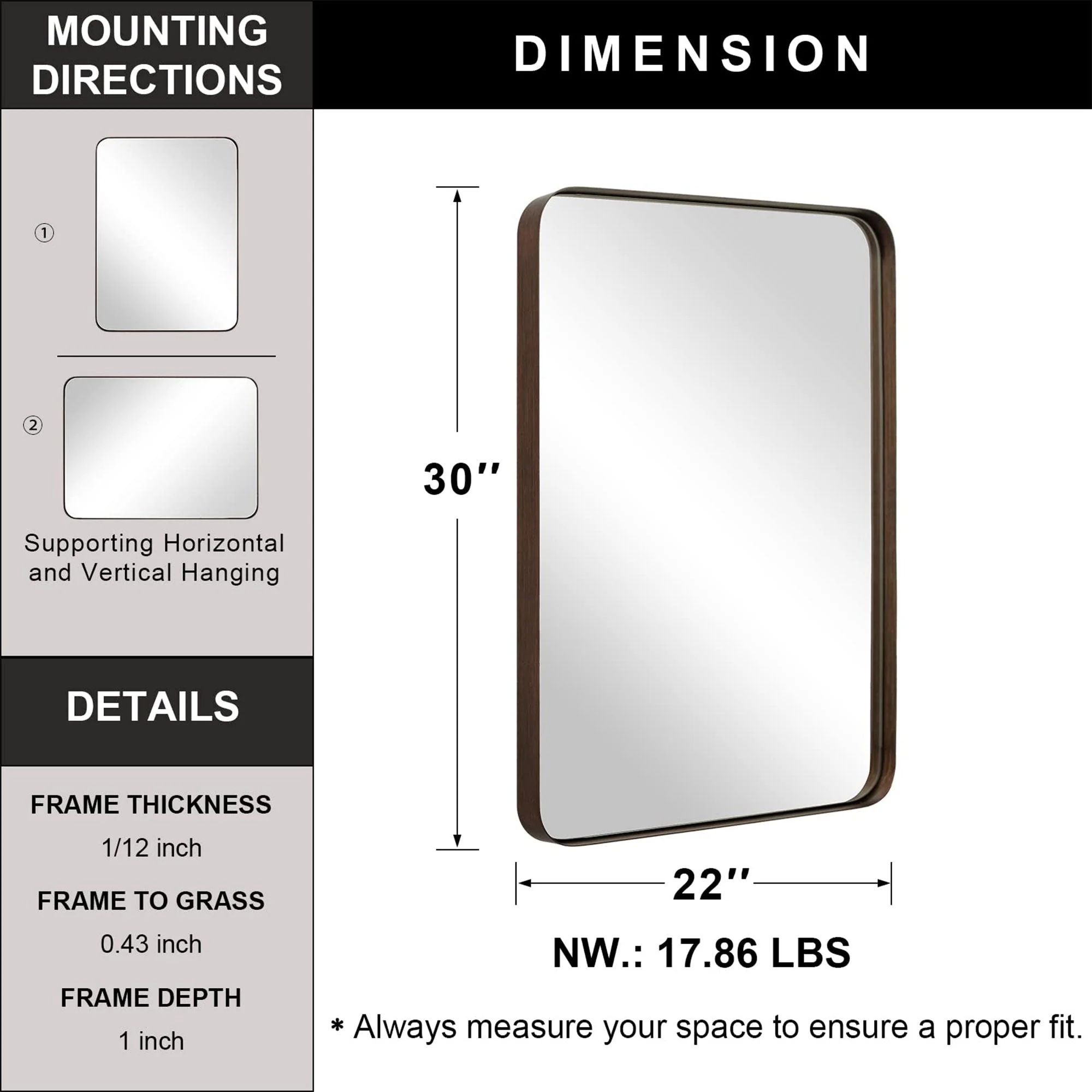 ANDY STAR Modern 22 x 30 Inch Rectangular Hanging Bathroom Vanity Mirror, Bronze - Image 2