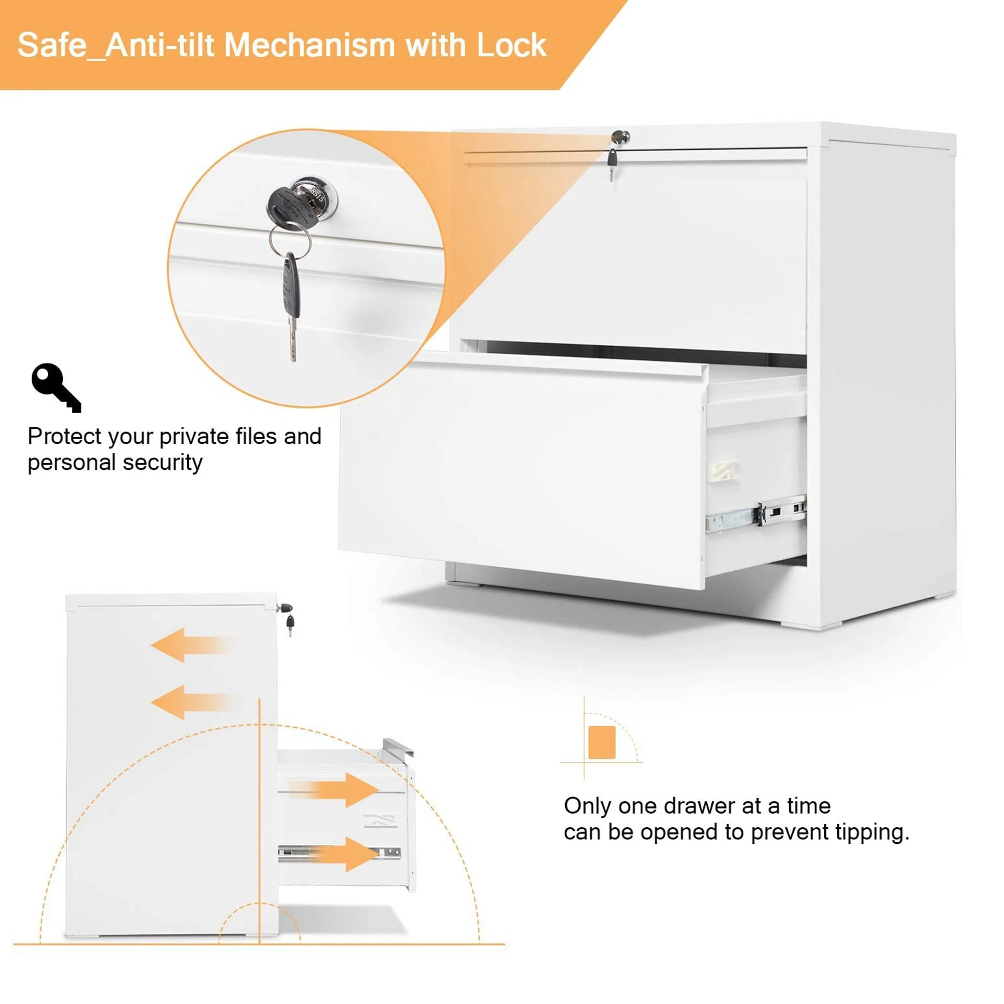 AOBABO 28 Inch Locking 2 Drawer Metal Office Storage Filing Cabinet, White - Image 3