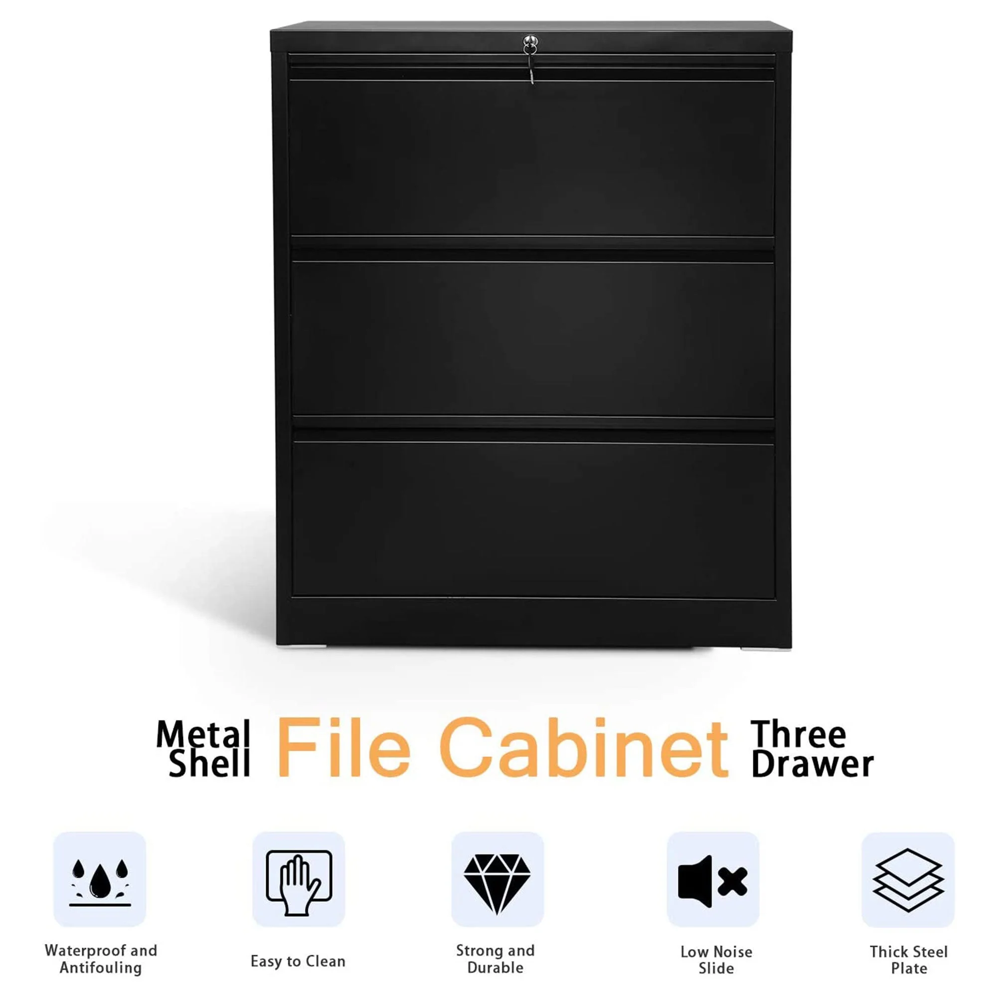 AOBABO 3 Drawer Lateral File Cabinet w/ Lock for Letter/Legal Size Paper, Black - Image 6