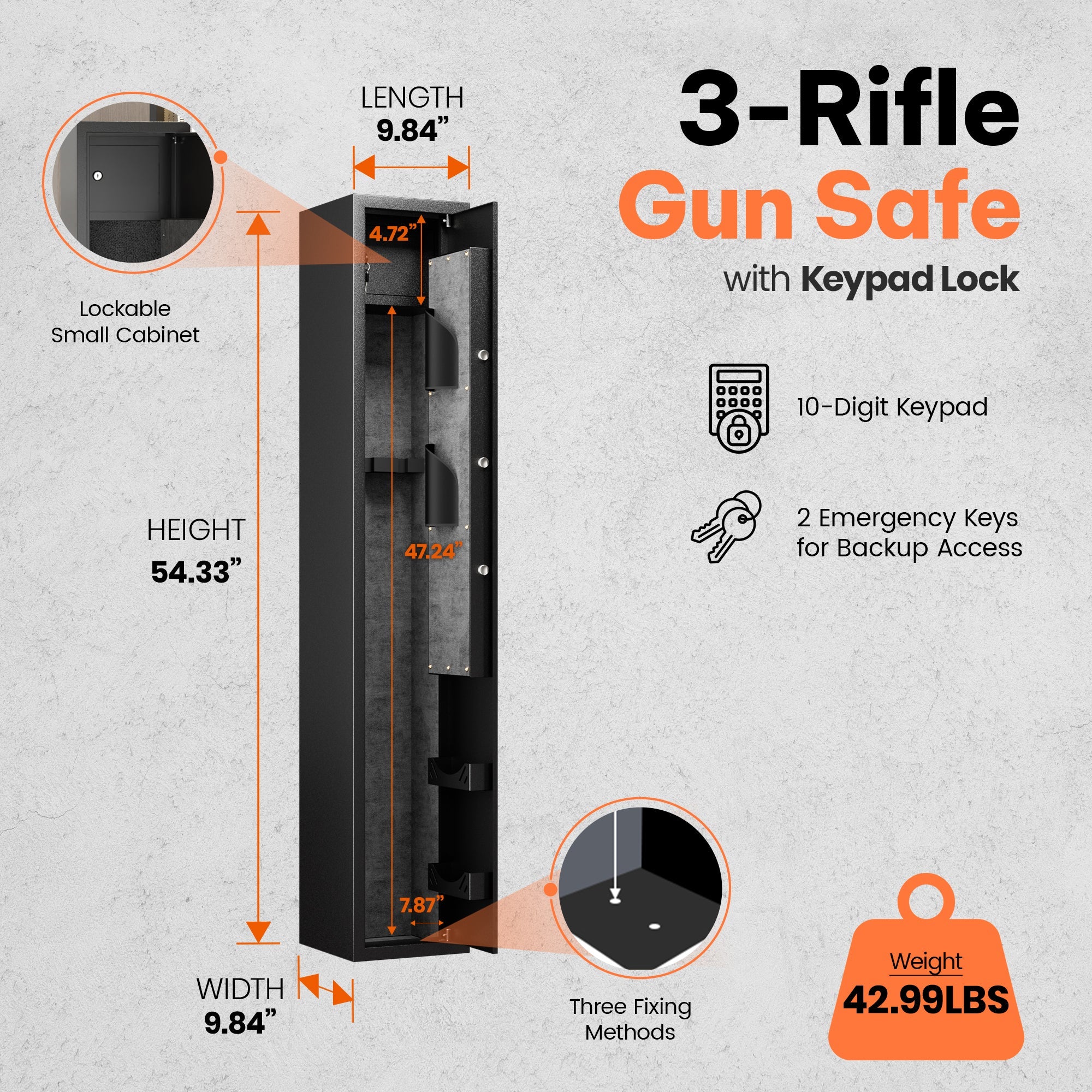 AOBABO 3-Rifle Gun Safe w/ Keypad Lock, Security Cabinet Long Safes Gun Cabinet - Image 2