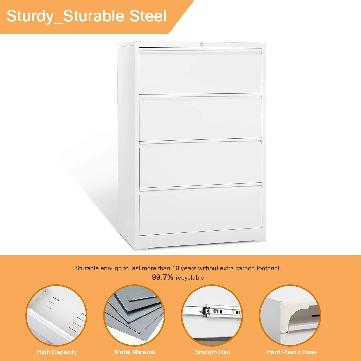 AOBABO 4 Drawer Lateral File Cabinet w/ Lock for Letter/Legal Size Paper, White - Image 2