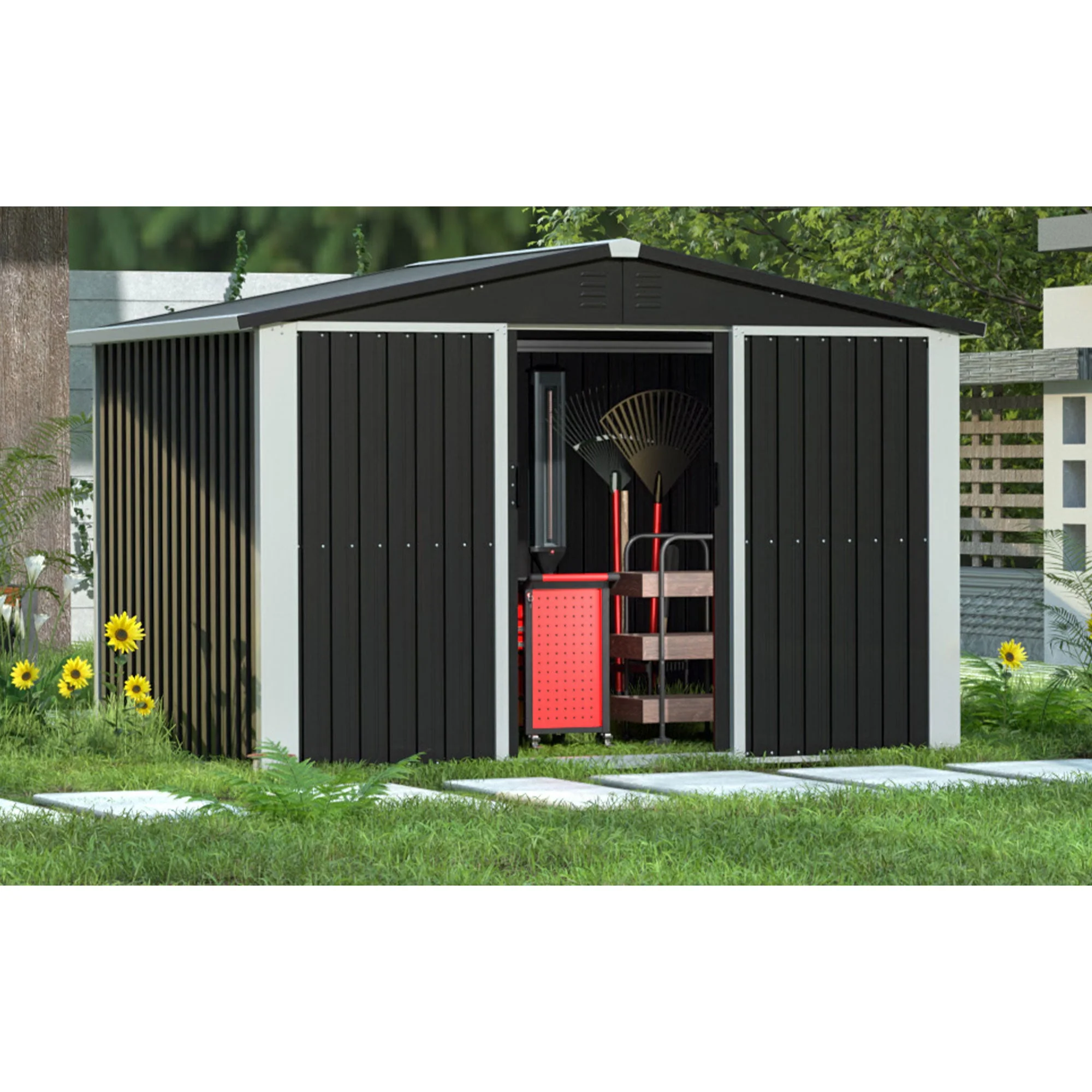 AOBABO Metal 6' x 8' Outdoor Utility Tool Storage Shed with Door and Lock, Black - Image 5