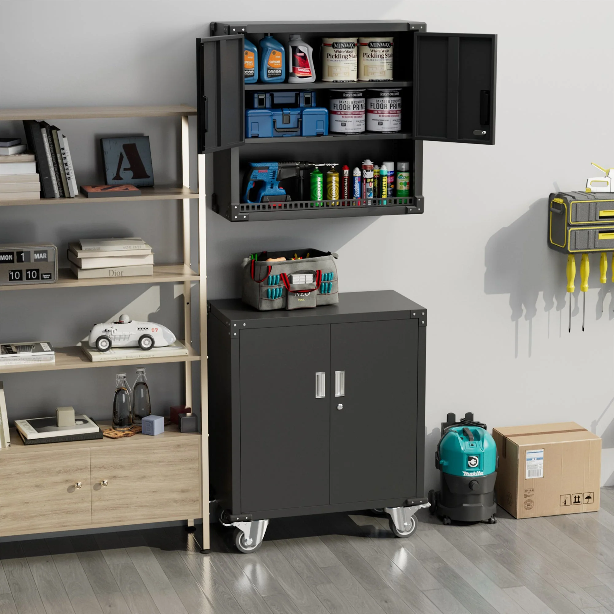 AOBABO Metal Garage Wall Mounted Storage Cabinet w/Locking Door & Shelf, Black - Image 8