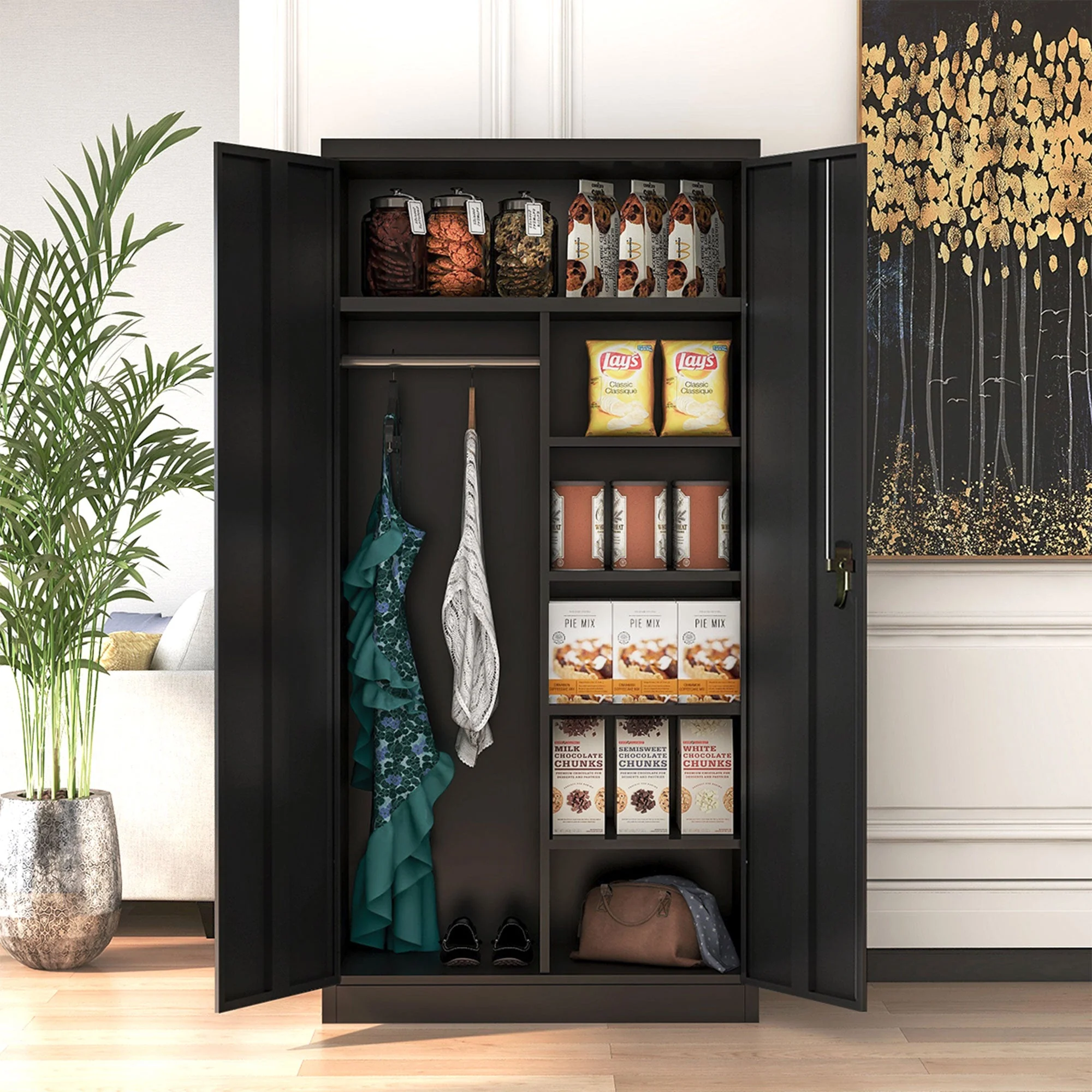 AOBABO Metal Storage Cabinet with 3 Adjustable Shelves and 1 Cloth Rail, Black - Image 6