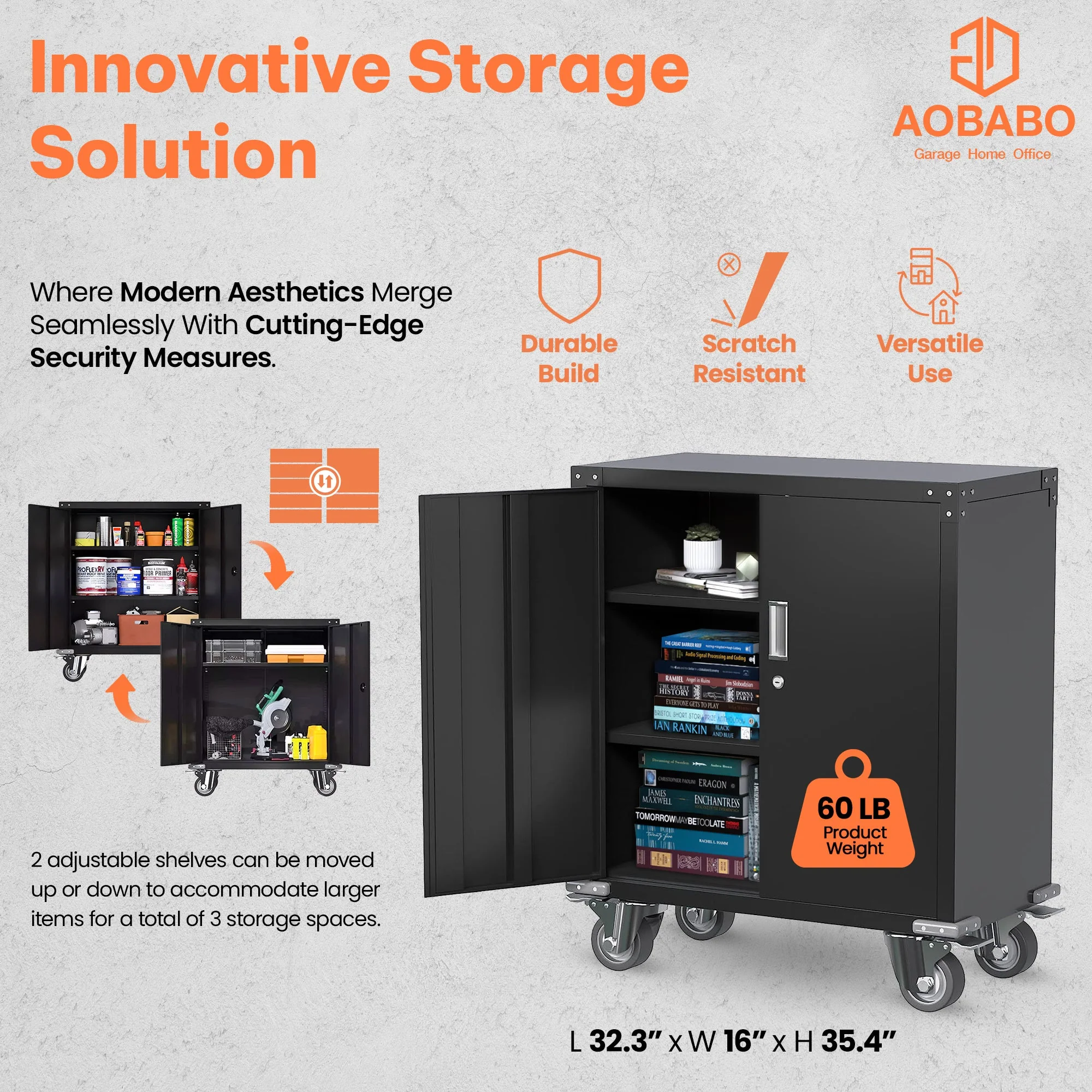 AOBABO Steel Lockable Office Storage Cabinet, Adjustable Shelves & Wheels, Black - Image 3