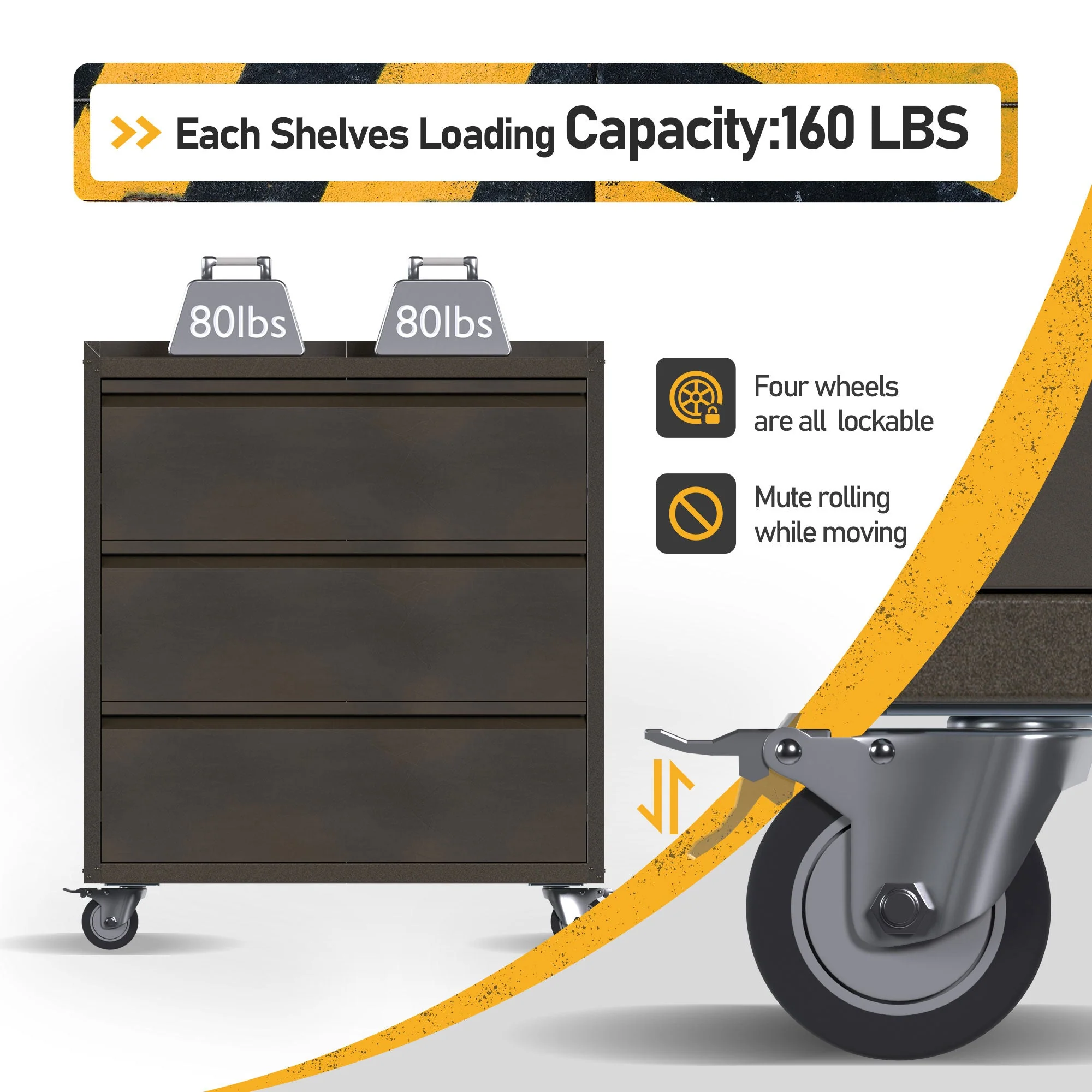 AOBABO Steel Rolling Tool Storage Chest 3 Drawer Cabinet with Wheels, Black - Image 2