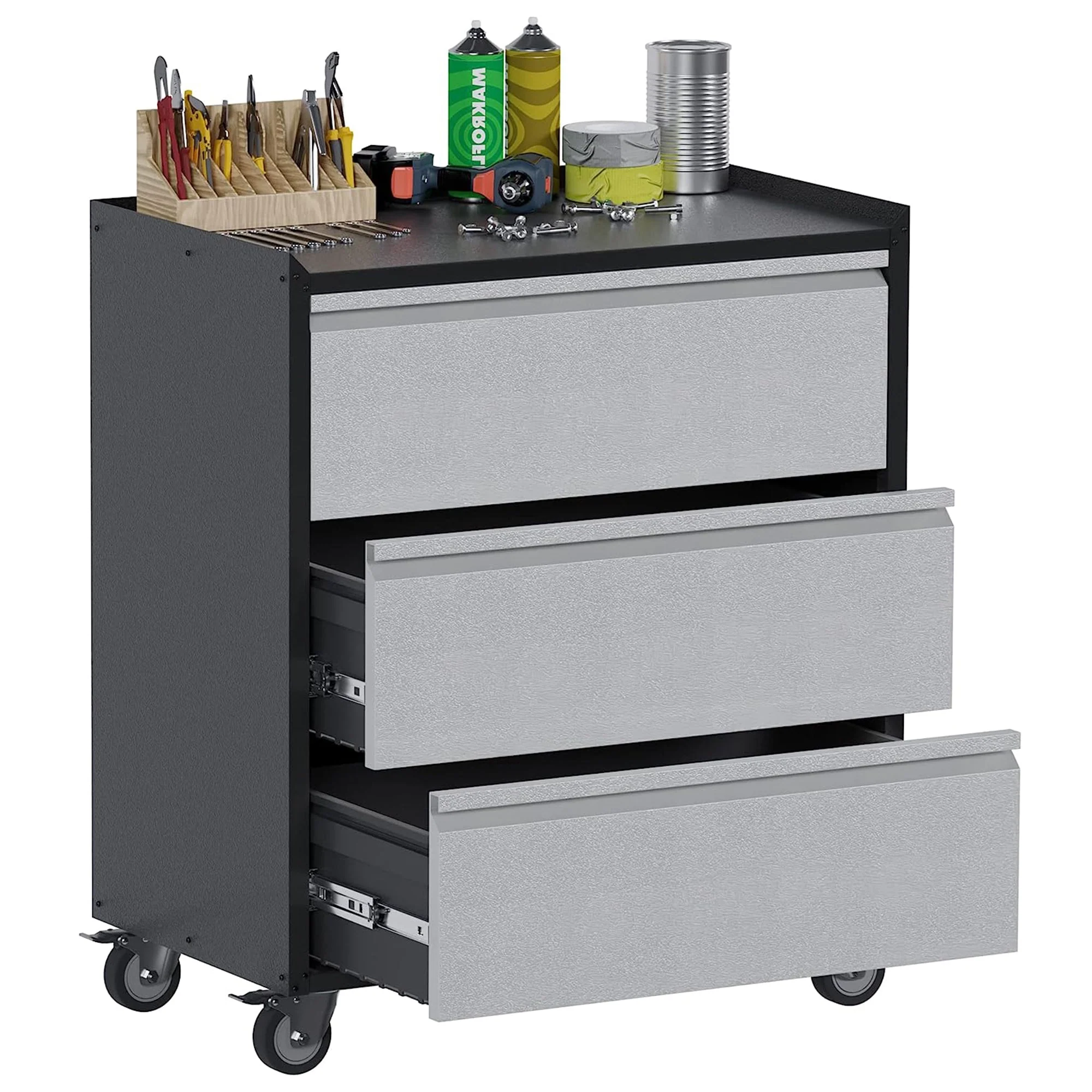AOBABO Steel Rolling Tool Storage Chest 3 Drawer Cabinet with Wheels, Black/Grey - Image 7
