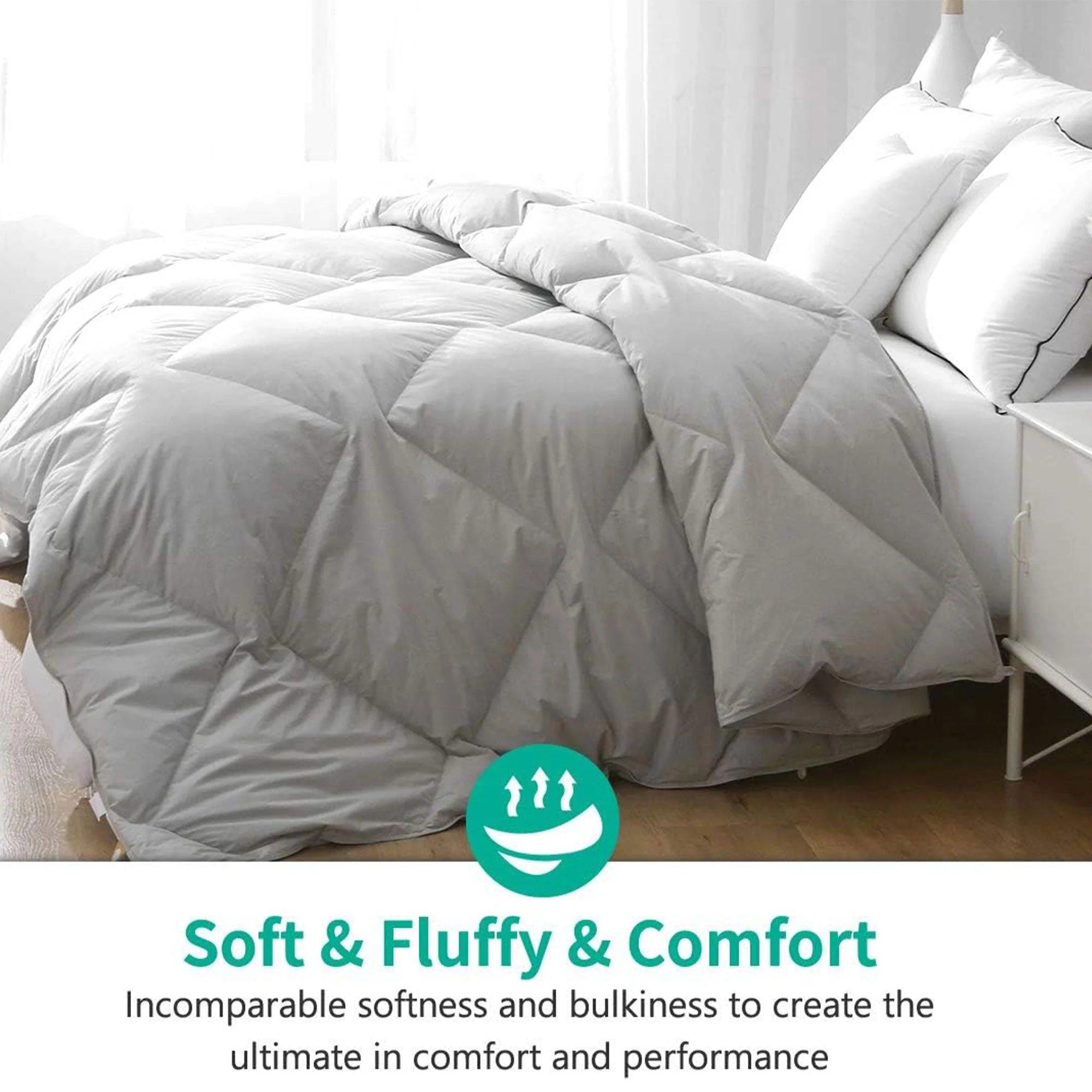 APSMILE 90 x 106 Inch King Sized All Season Feathers Down Cotton Comforter, Gray - Image 5