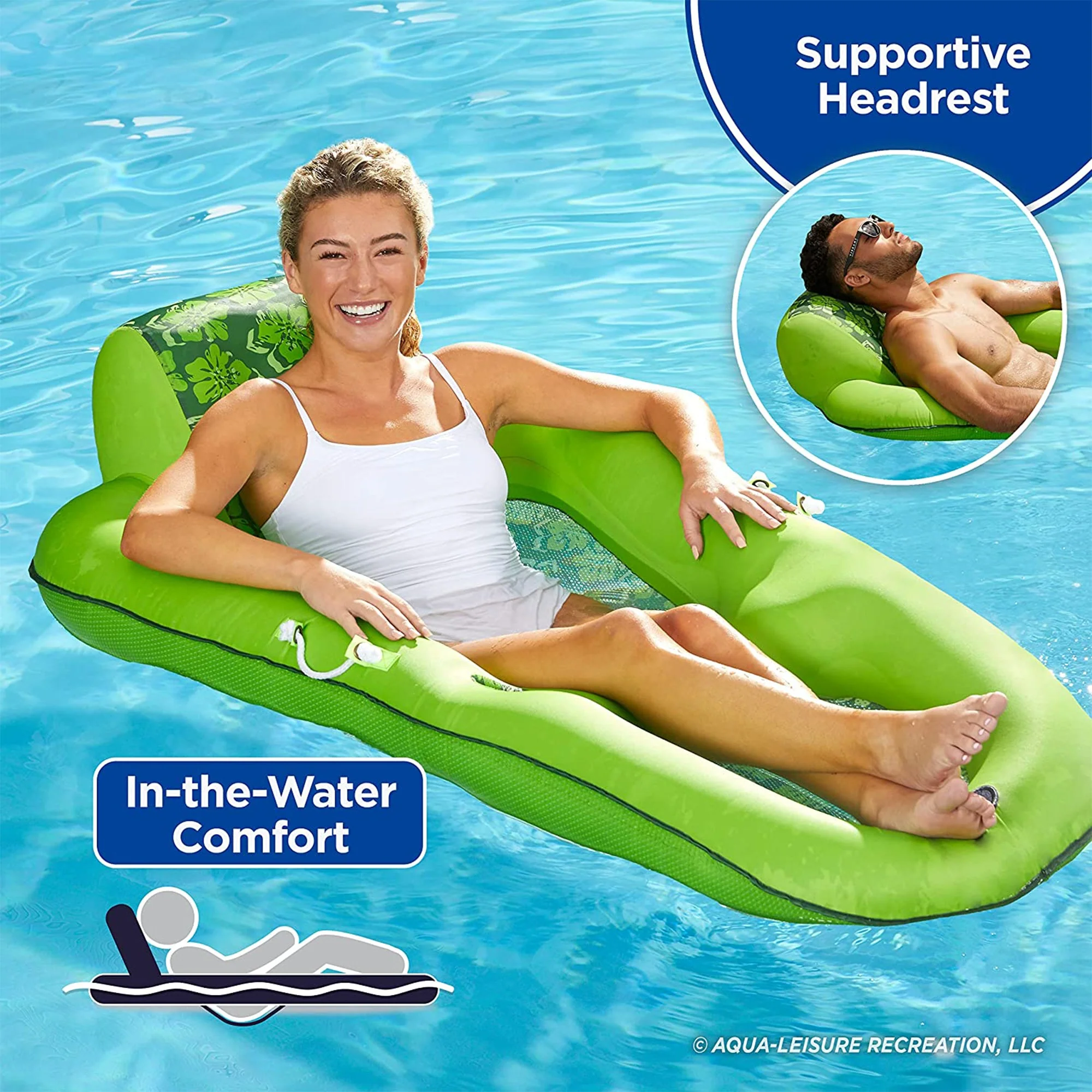 Aqua Leisure Luxury Water Recliner Lounge Pool Float with Headrest, Lime Floral - Image 2
