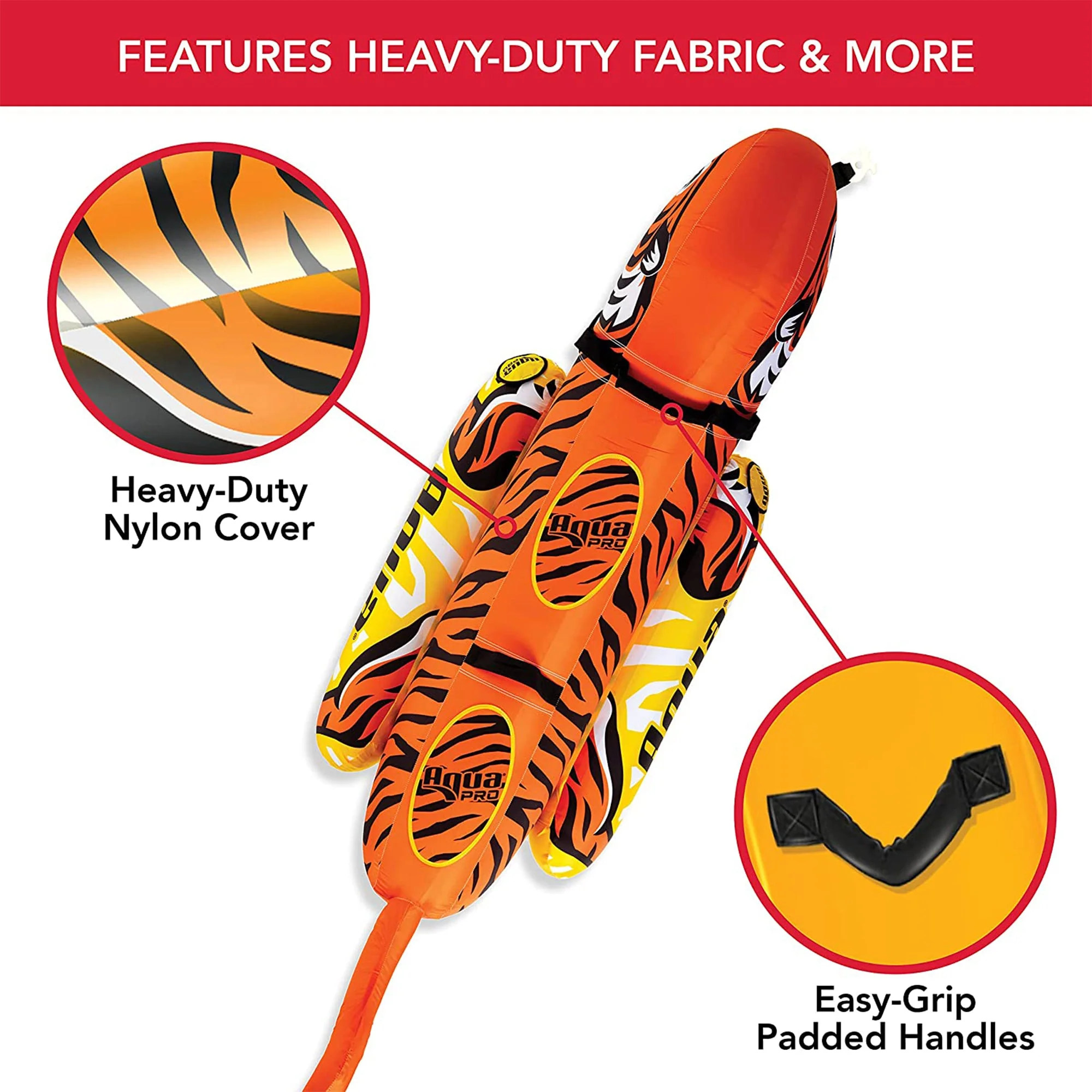 AquaPro 96 Inch Heavy Duty Nylon Tiger Water Towable 2 Person Rider, Orange - Image 5