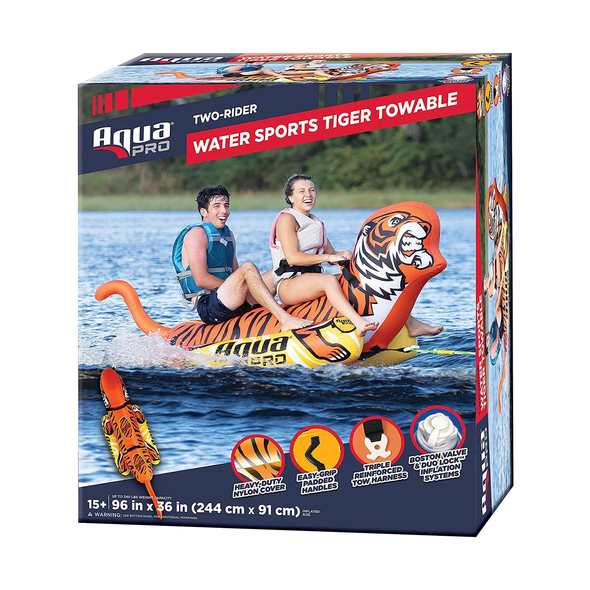 AquaPro 96 Inch Heavy Duty Nylon Tiger Water Towable 2 Person Rider, Orange - Image 6