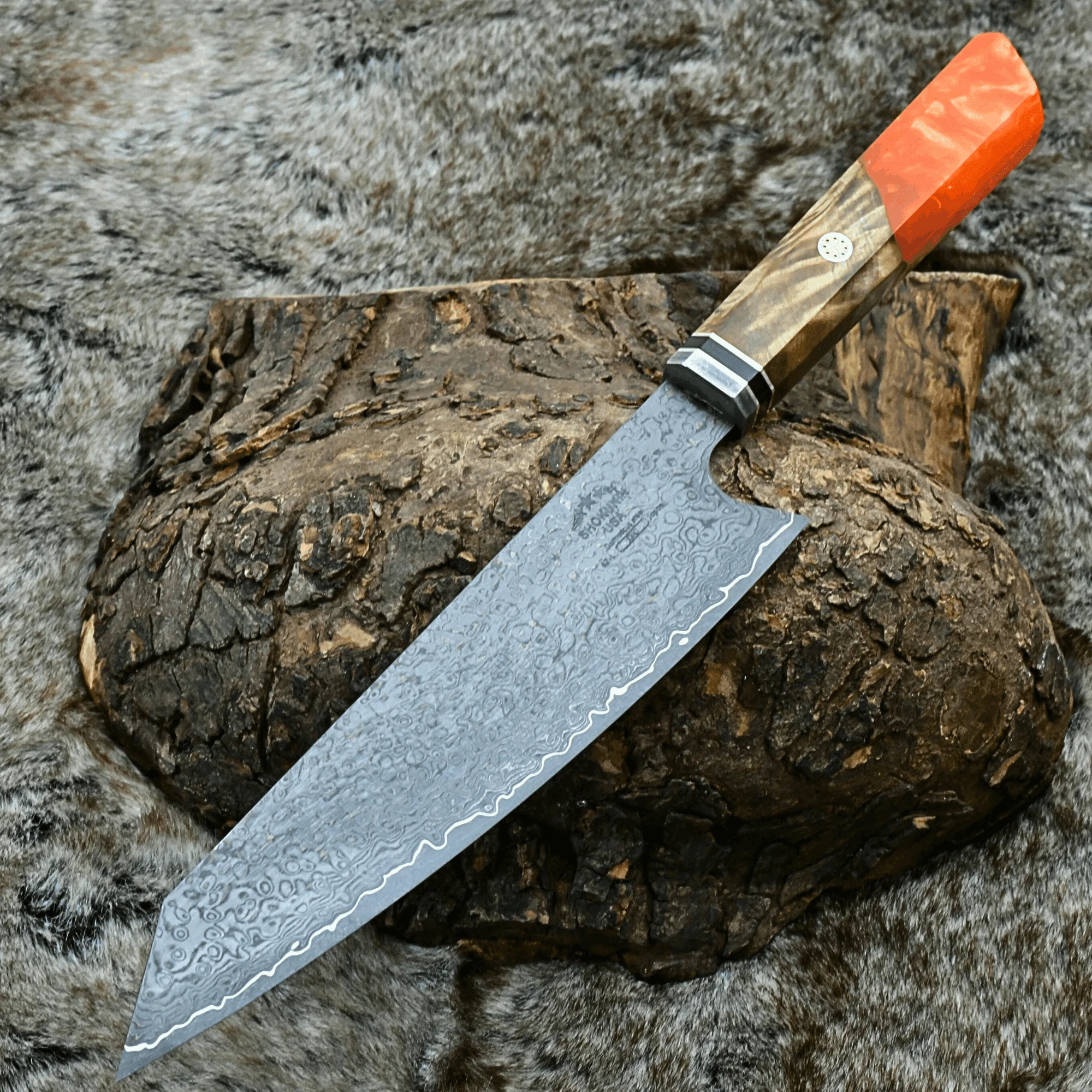 Aurora Japanese Chef Knife with Olive Burl & Resin Handle