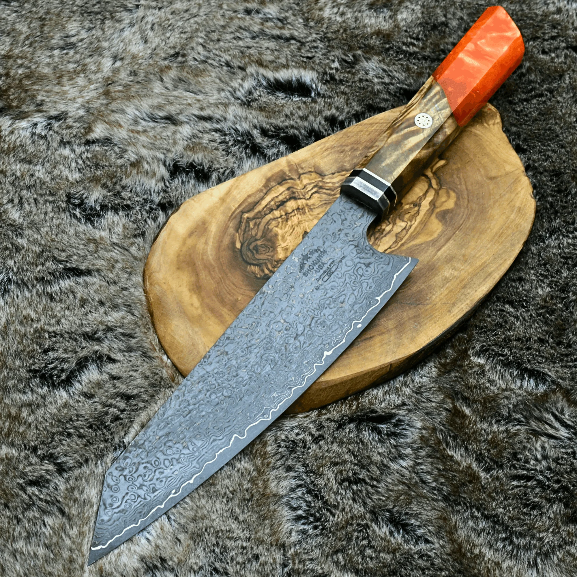 Aurora Japanese Chef Knife with Olive Burl & Resin Handle - Image 4